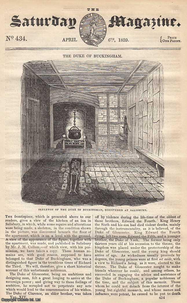 ---. - The Duke of Buckingham; Fanatical Murderers in India; Locks and Keys; Rise and Progress of The Silk Manufacture; Gold and Silver Fishes; Easter Eggs, etc. Issue No. 434. April, 1839. A complete rare weekly issue of the Saturday Magazine, 1839.