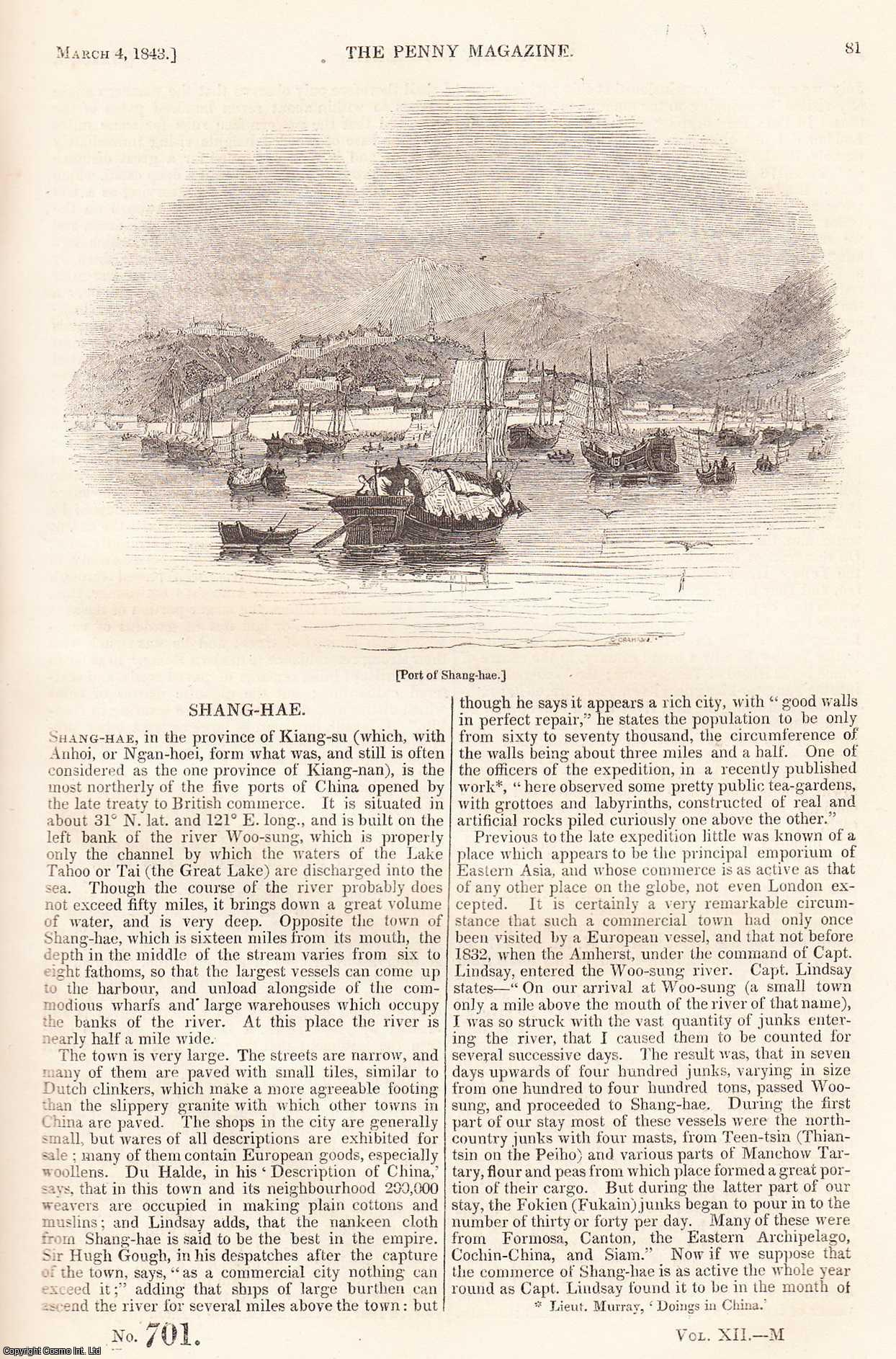 ---. - Shang-Hae, in The Province of Kiang-su; Dudley: Its Castle, Lime-Caverns, and Nailers; The Niagara District, Western Canada, part 3; The Surf and The Bore of India, etc. Issue No. 701. A complete rare weekly issue of the Penny Magazine, 1843.