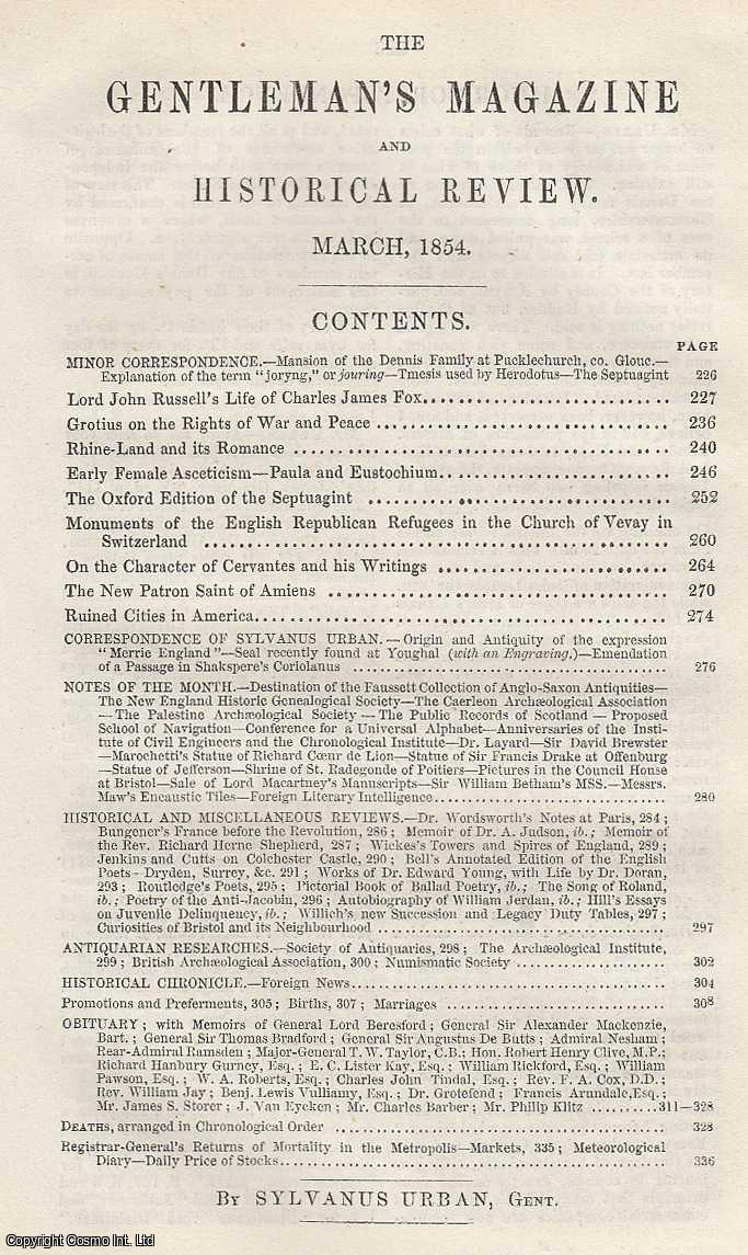 Sylvanus Urban - The Oxford Edition of the Septuagint, regarded in The Gentleman's Magazine for March 1854. A rare original monthly issue of the Gentleman's Magazine, 1854.