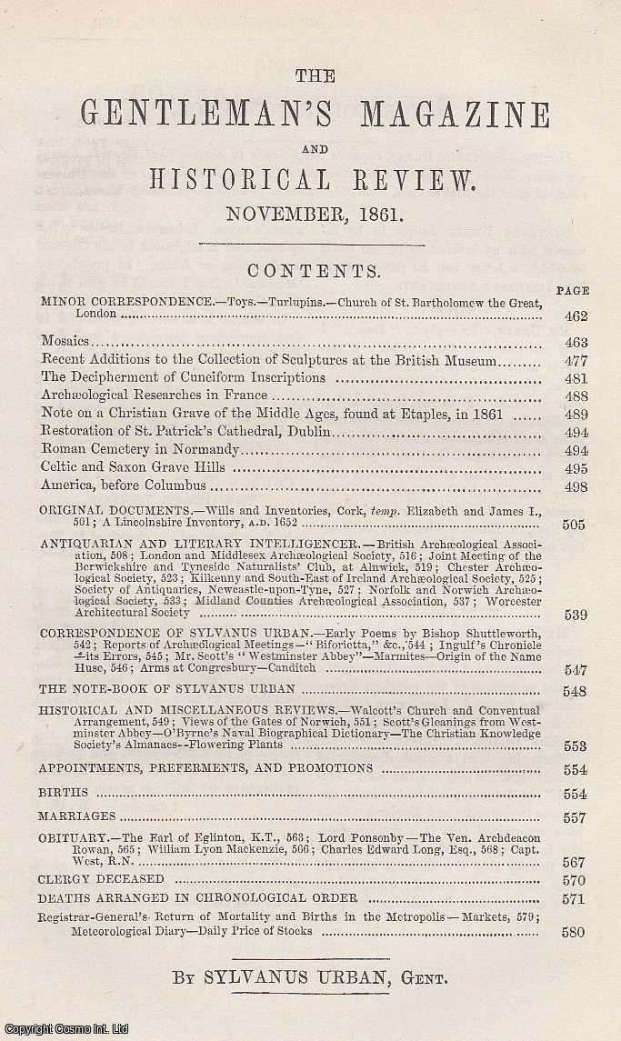 Sylvanus Urban - The Decipherment of Cuneiform Inscriptions, regarded in The Gentleman's Magazine for November 1861. A rare original monthly issue of the Gentleman's Magazine, 1861.