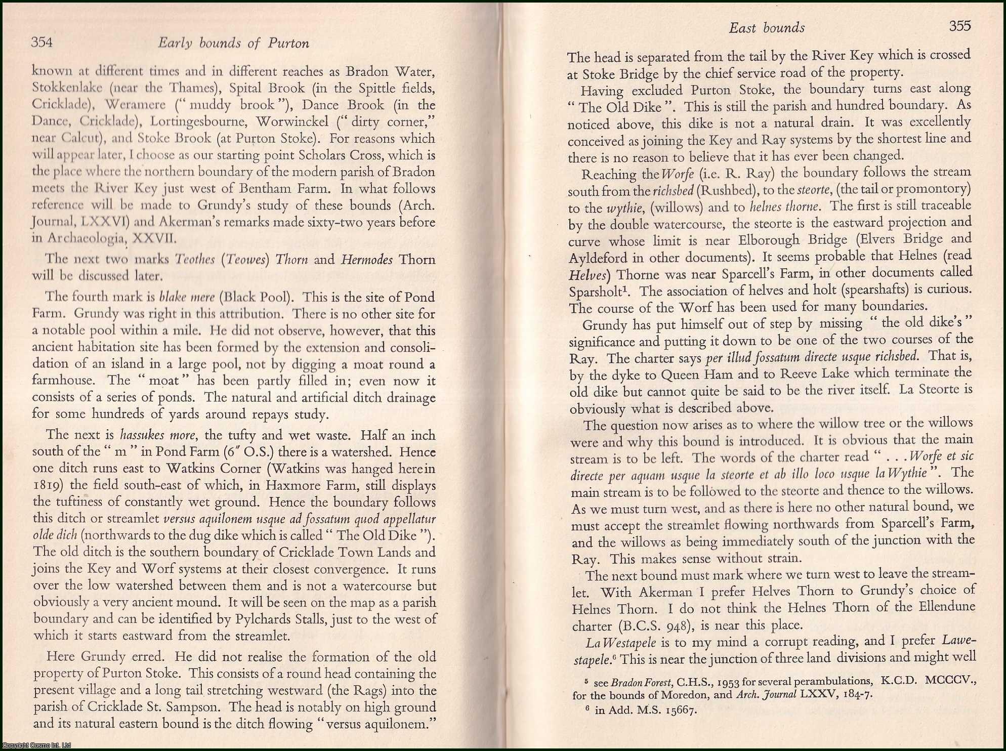 THOMSON, T. R. - The Early Bounds of Purton and a Pagan Sanctuary. An original article from The Wiltshire Archaeological and Natural History Magazine, December 1954.