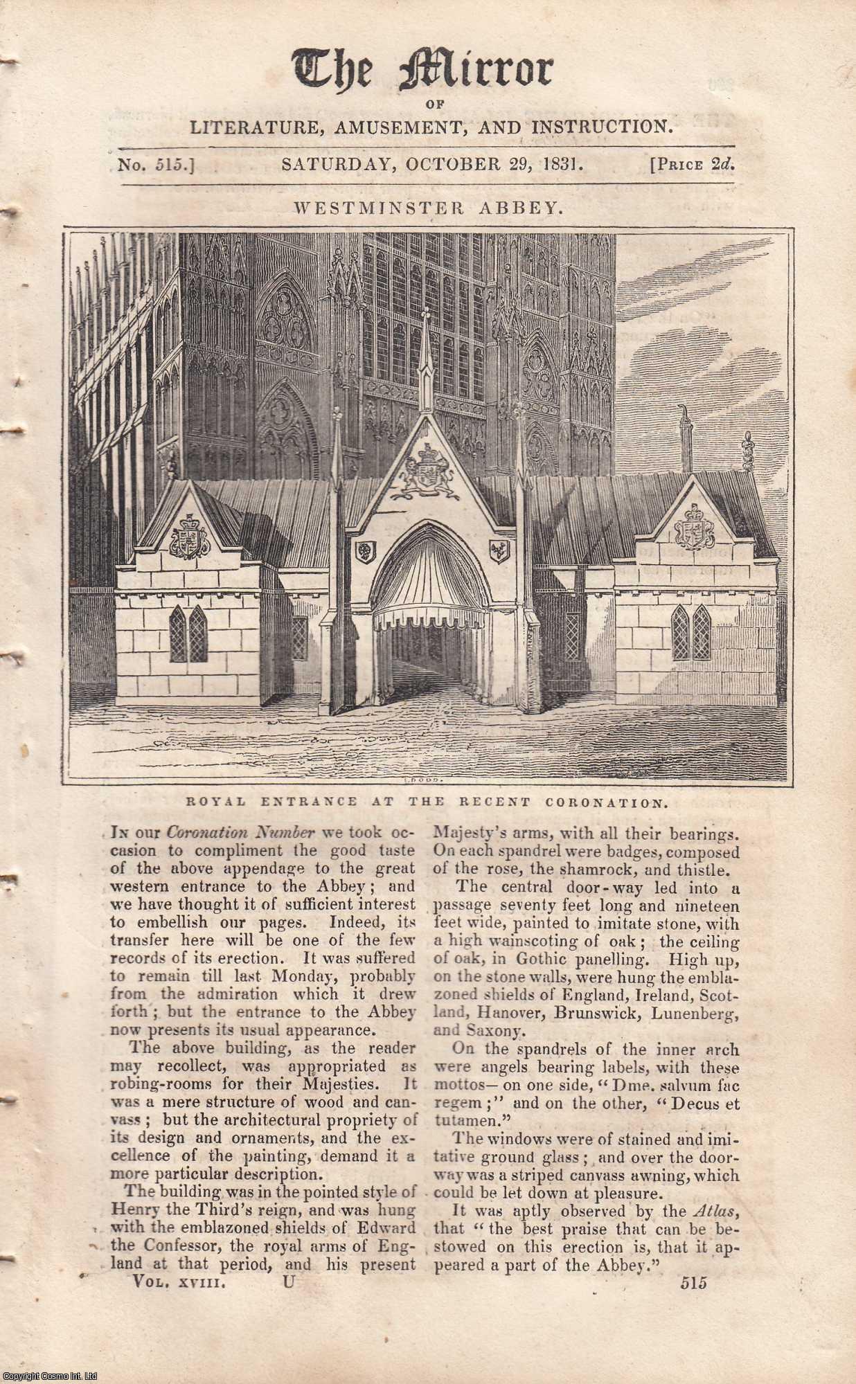 THE MIRROR - Westminster Abbey, and the Royal Entrance at the recent Coronation. Also, details regarding Princess Victoria. FEATURED in The Mirror of Literature, Amusement, and Instruction.