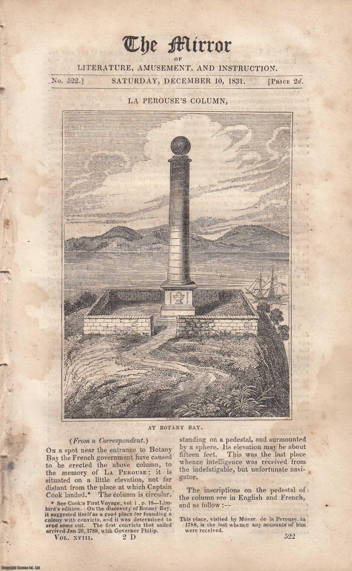 THE MIRROR - La Perouse's Column, at Botany Bay, Plus Character of Napoleon Buonaparte. FEATURED in The Mirror of Literature, Amusement, and Instruction.