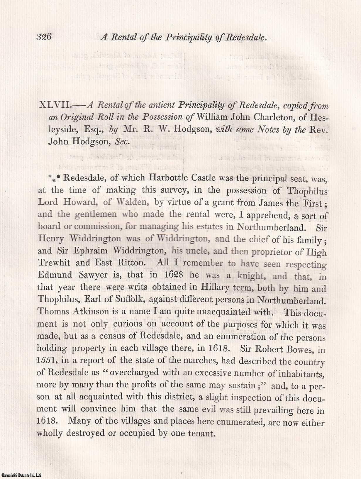 R.W. HODGSON - A Rental of the antient Principality of Redesdale, copied from an Original Roll in the Possession of William John Charleton, of Hesleyside. With some Notes by the Rev. John Hodgson.