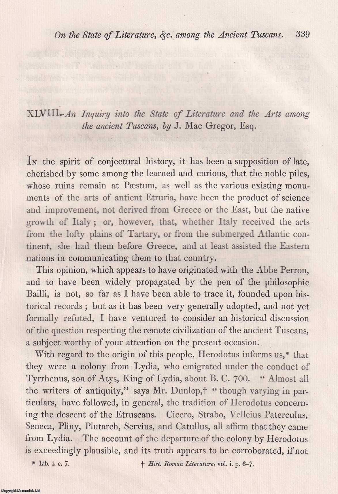 J. MACGREGOR - An Inquiry into the State of Literature and the Arts among the ancient Tuscans.