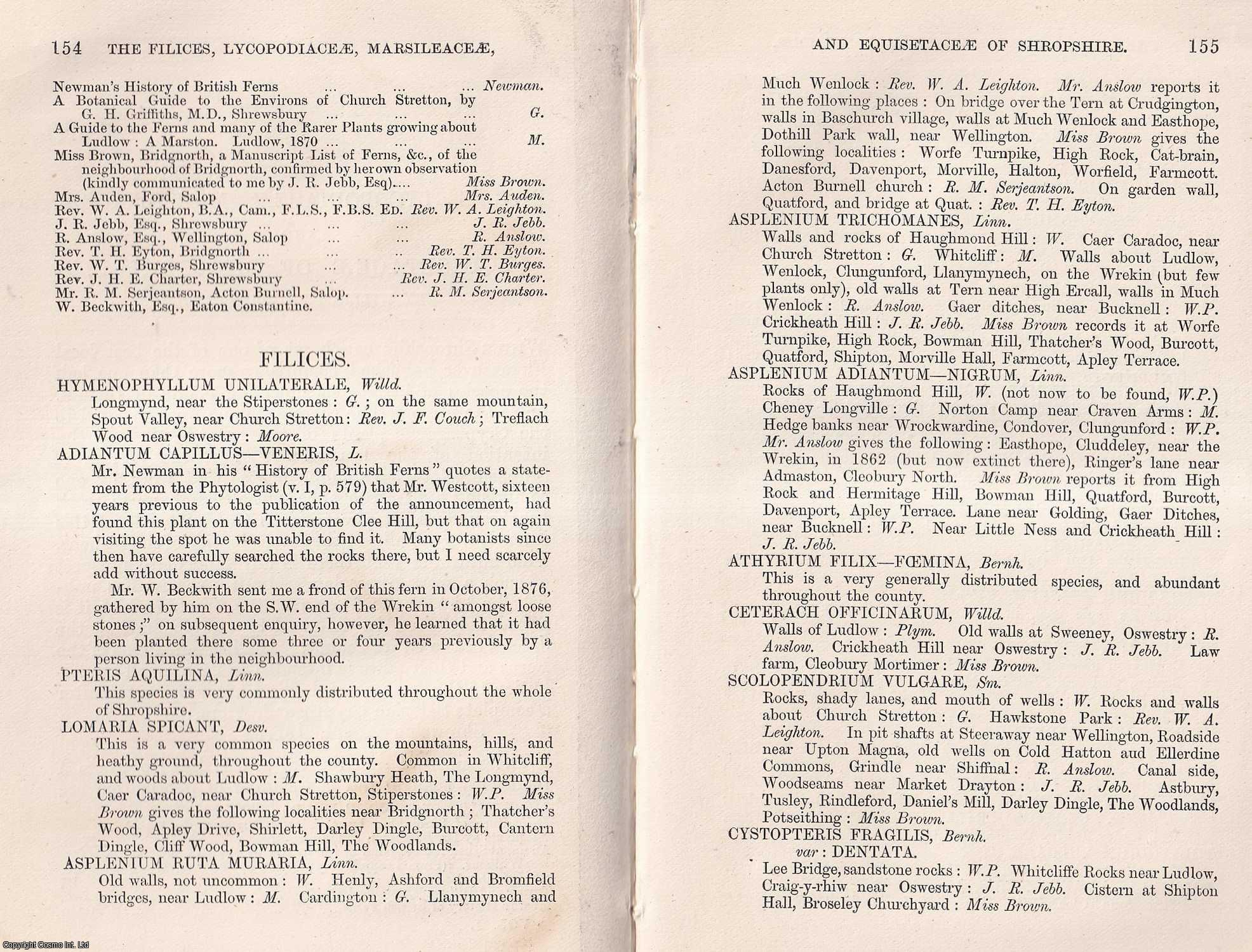 PHILLIPS, WILLIAM - The Filices, Lycopodiaceae, Marsileaceae, and Equisetaceae of Shropshire. This is an original article from the Shropshire Archaeological & Natural History Society Journal, 1877.