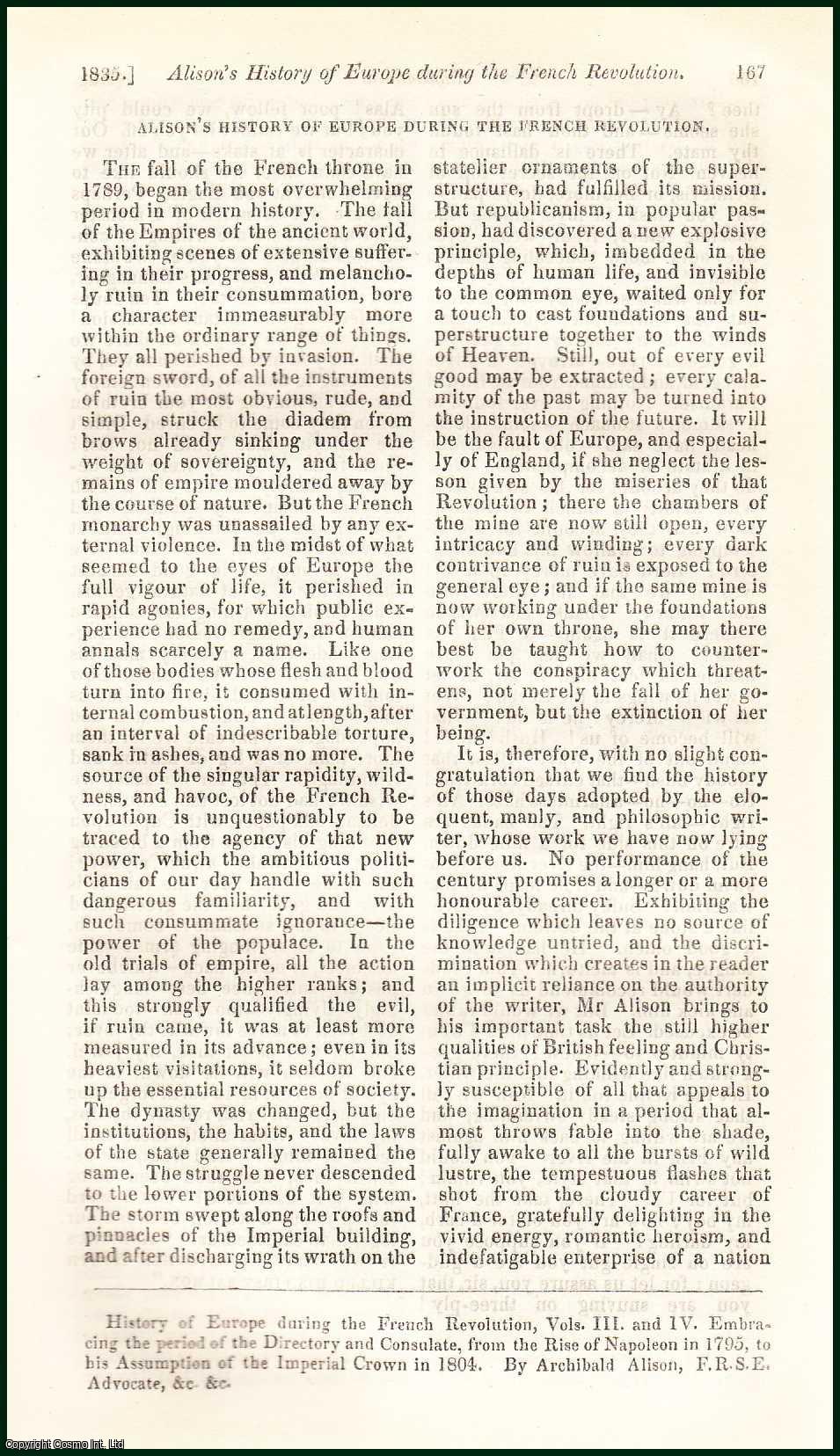 George Croly - Archibald Alison's History of Europe during the French Revolution, Including the Directory and the Consulate : A summary and review. An uncommon original article from the Blackwood's Edinburgh Magazine, 1835.