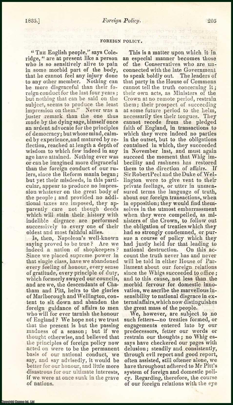 Alfred Mallalieu - Foreign Policy : A summary and review. An uncommon original article from the Blackwood's Edinburgh Magazine, 1835.