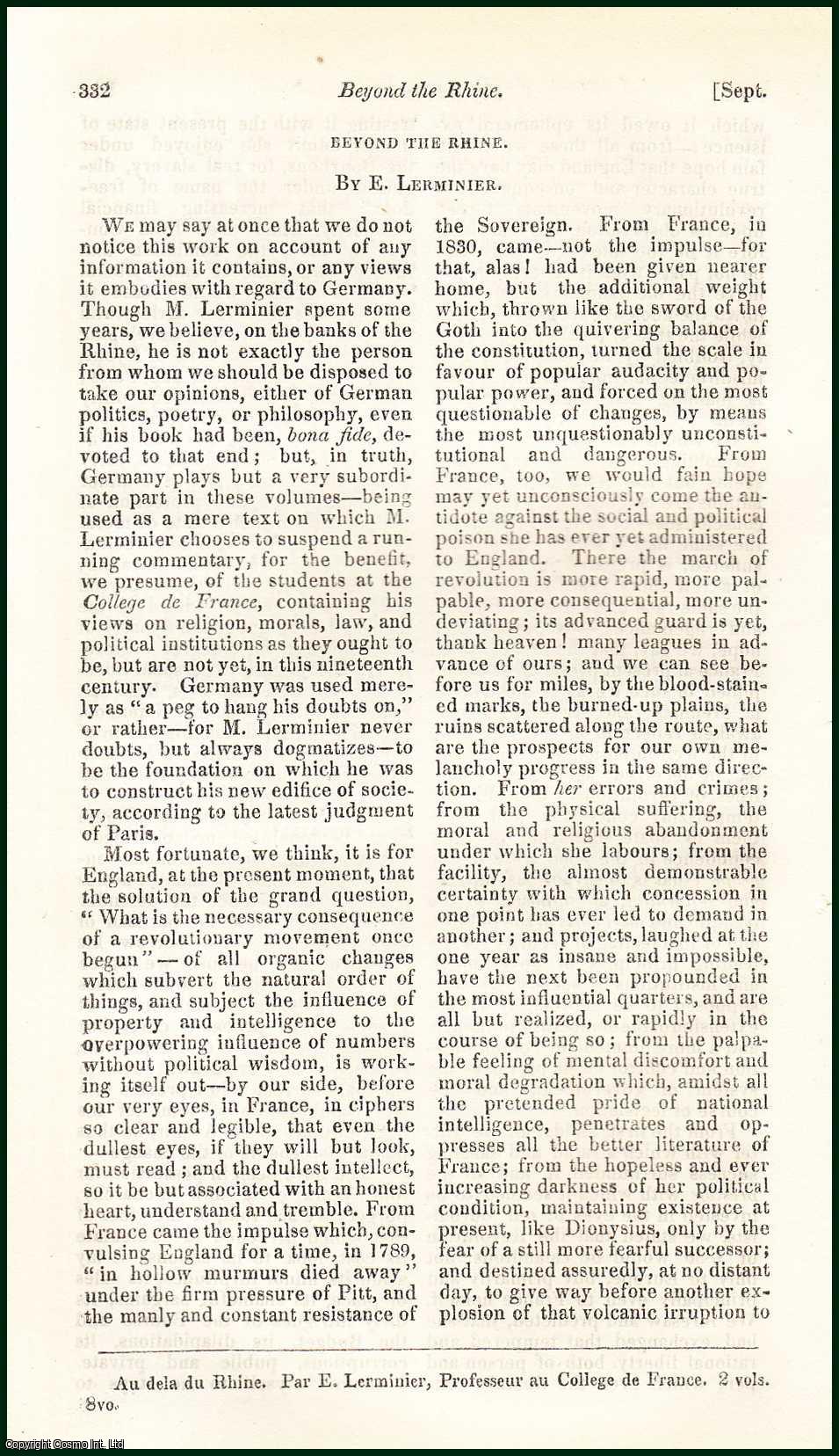 LERMINIER, E. - Beyond the Rhine, by E. Lerminier: The German Provinces. A summary and review. A rare original article from the Blackwood's Edinburgh Magazine, 1835.