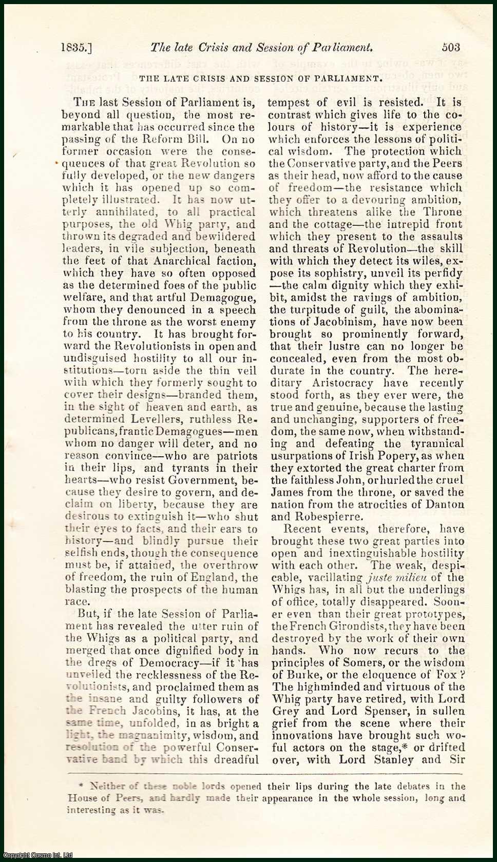 Archibald Alison - The Late Crisis and Session of Parliament. An uncommon original article from the Blackwood's Edinburgh Magazine, 1835.