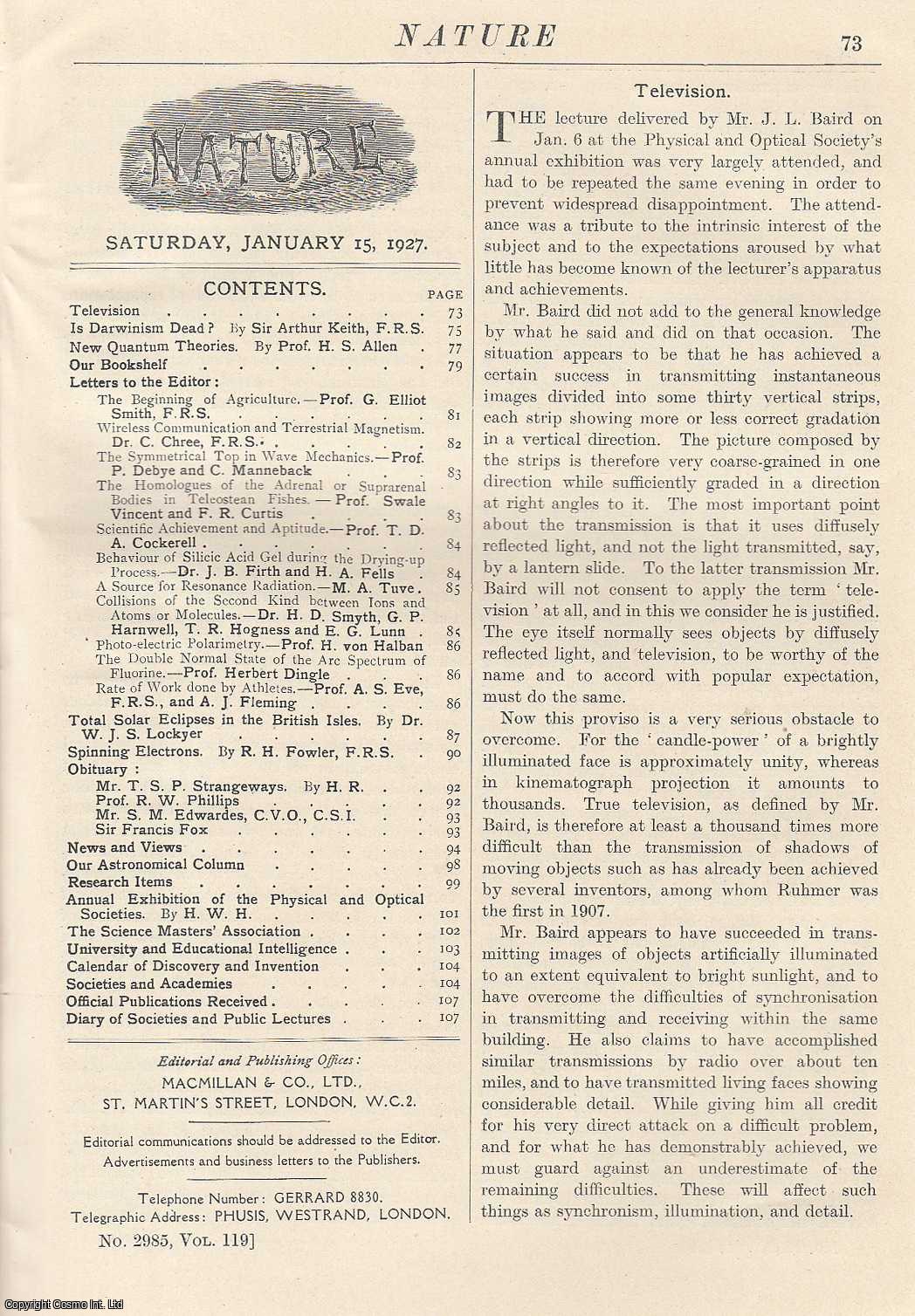 NATURE - Nature, Volume 119, Number 2985. Nature, A Weekly Journal of Science. Saturday, January 15th, 1927.