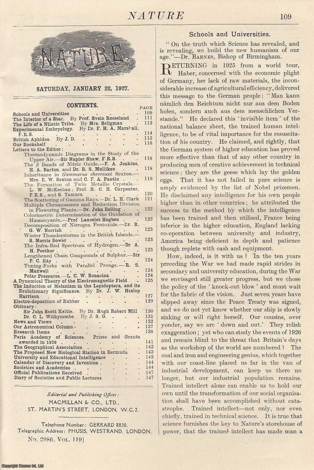 NATURE - Nature, Volume 119, Number 2986. Nature, A Weekly Journal of Science. Saturday, January 22nd, 1927.