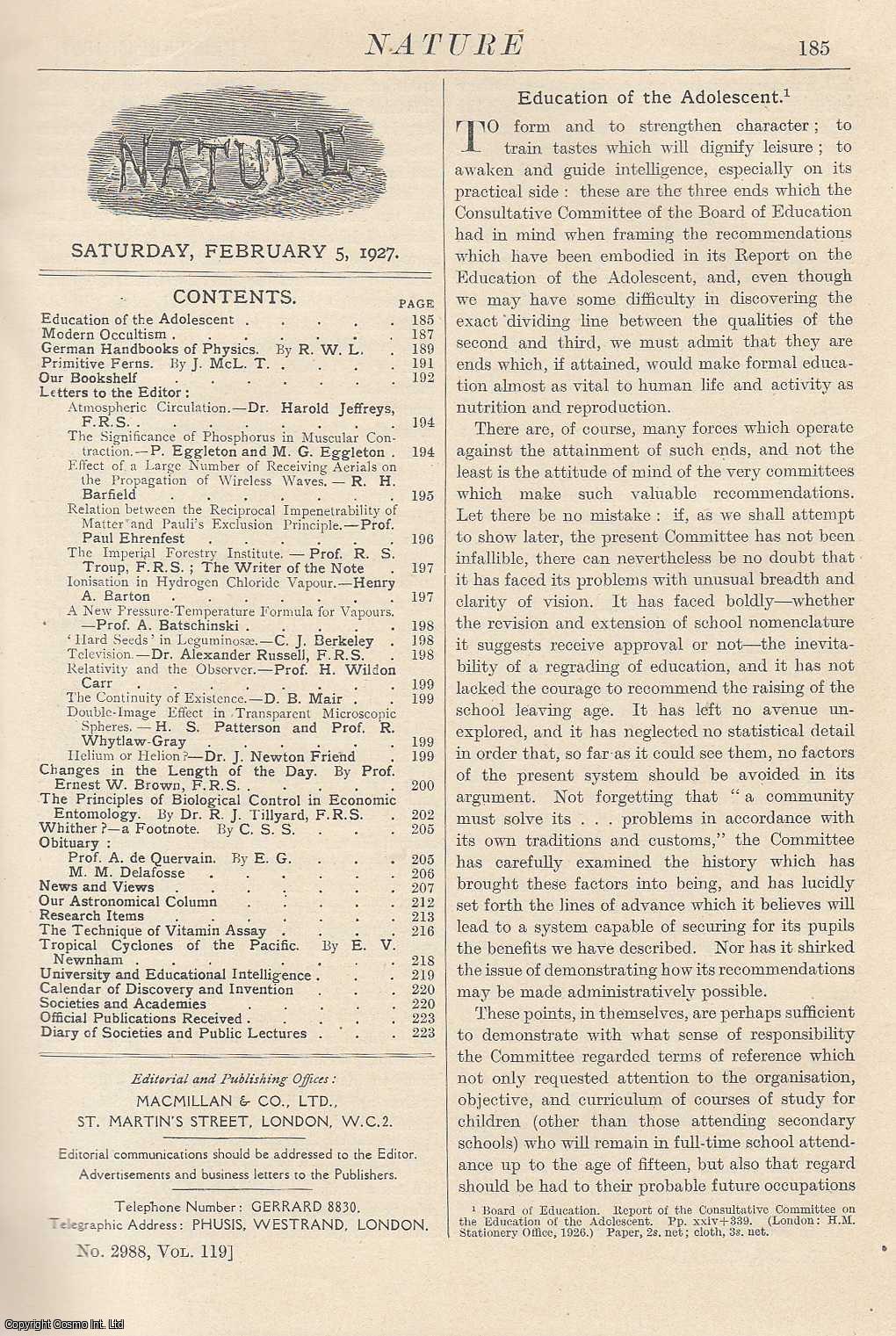 NATURE - Nature, Volume 119, Number 2988. Nature, A Weekly Journal of Science. Saturday, February 5th, 1927.