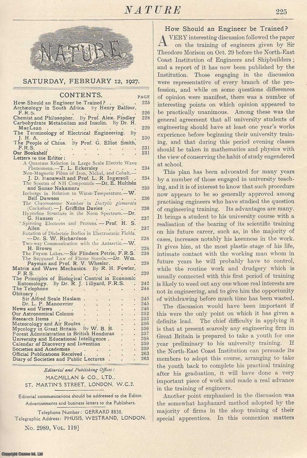 NATURE - Nature, Volume 119, Number 2989. Nature, A Weekly Journal of Science. Saturday, February 12th, 1927.