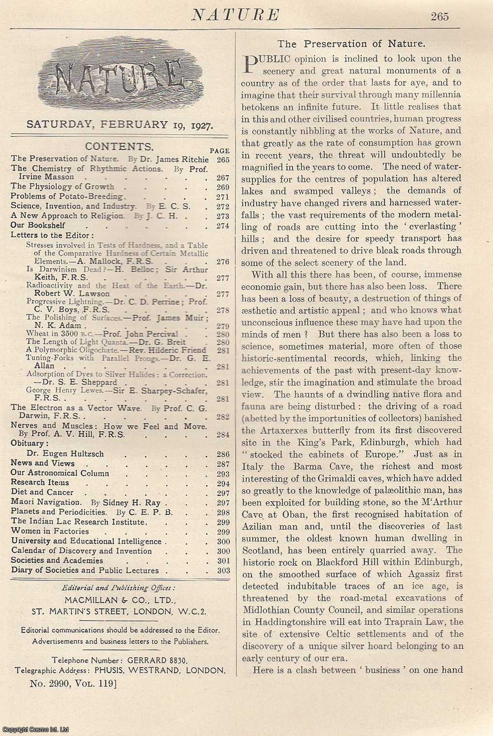NATURE - Nature, Volume 119, Number 2990. Nature, A Weekly Journal of Science. Saturday, February 19th, 1927.