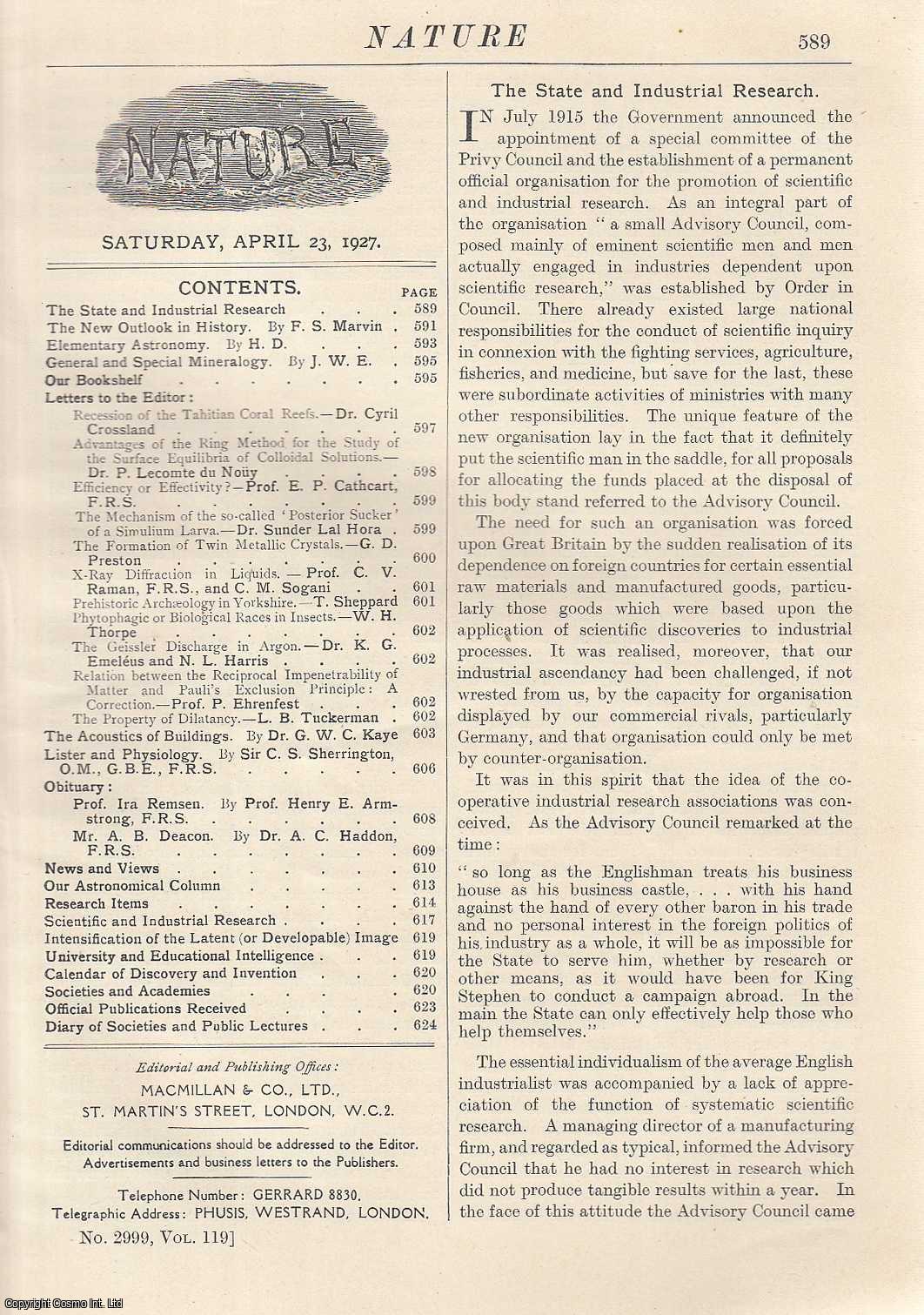 NATURE - Nature, Volume 119, Number 2999. Nature, A Weekly Journal of Science. Saturday, April 23rd, 1927.