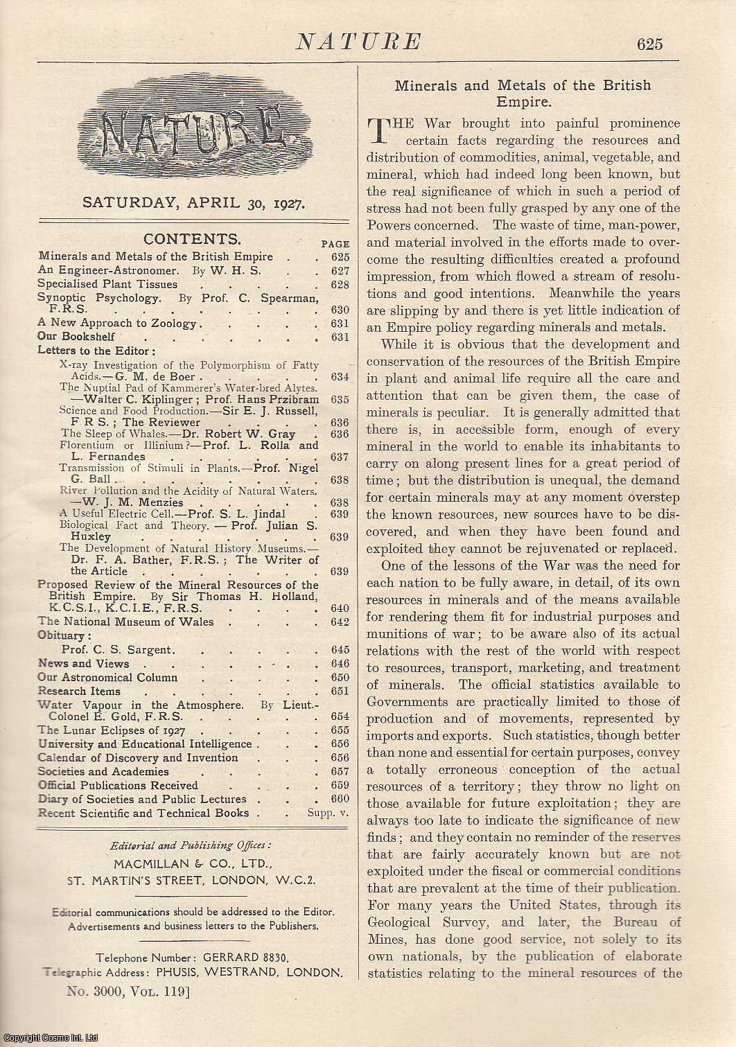 NATURE - Nature, Volume 119, Number 3000. Nature, A Weekly Journal of Science. Saturday, April 30th, 1927.