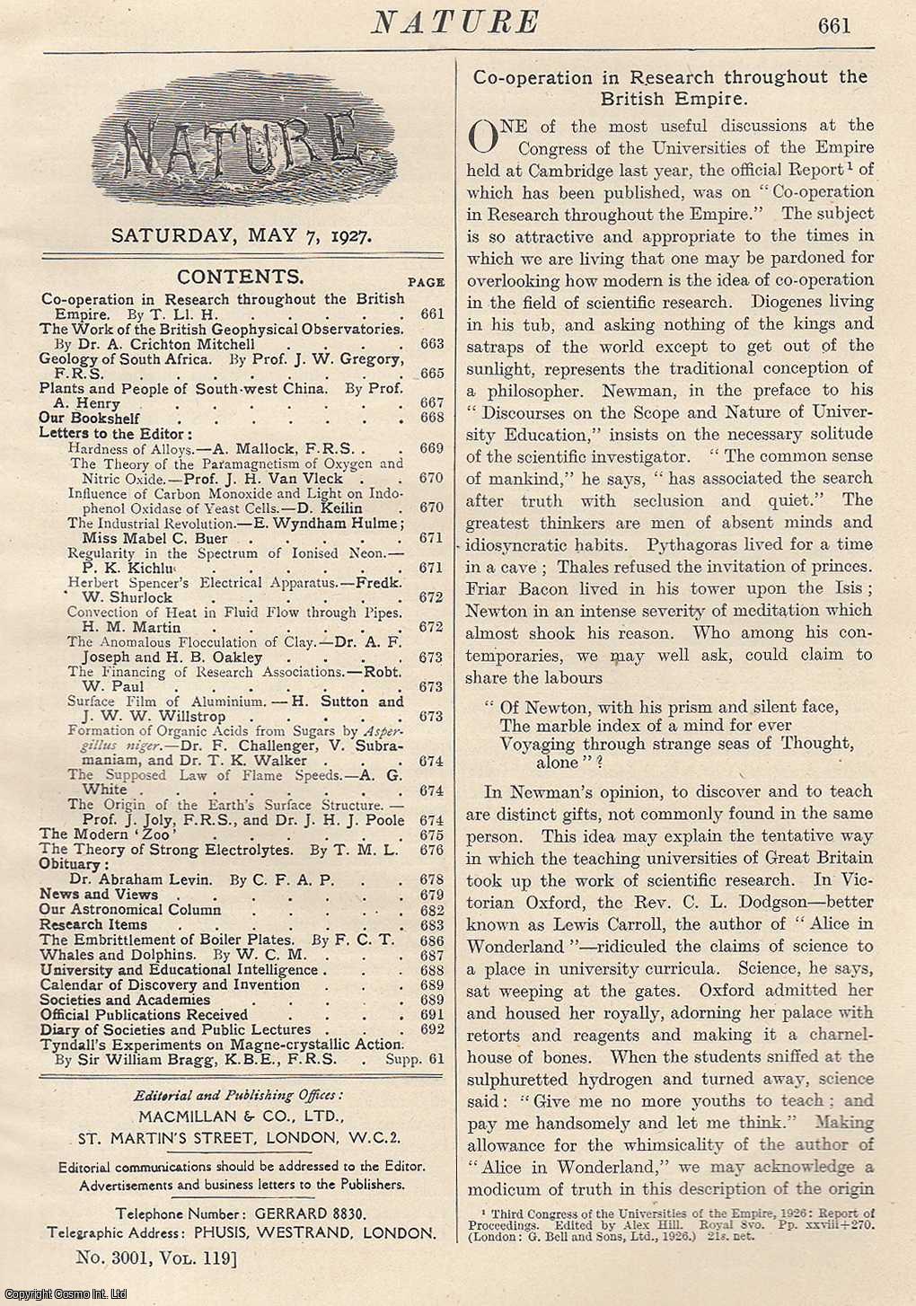 NATURE - Nature, Volume 119, Number 3001. Nature, A Weekly Journal of Science. Saturday, May 7th, 1927.