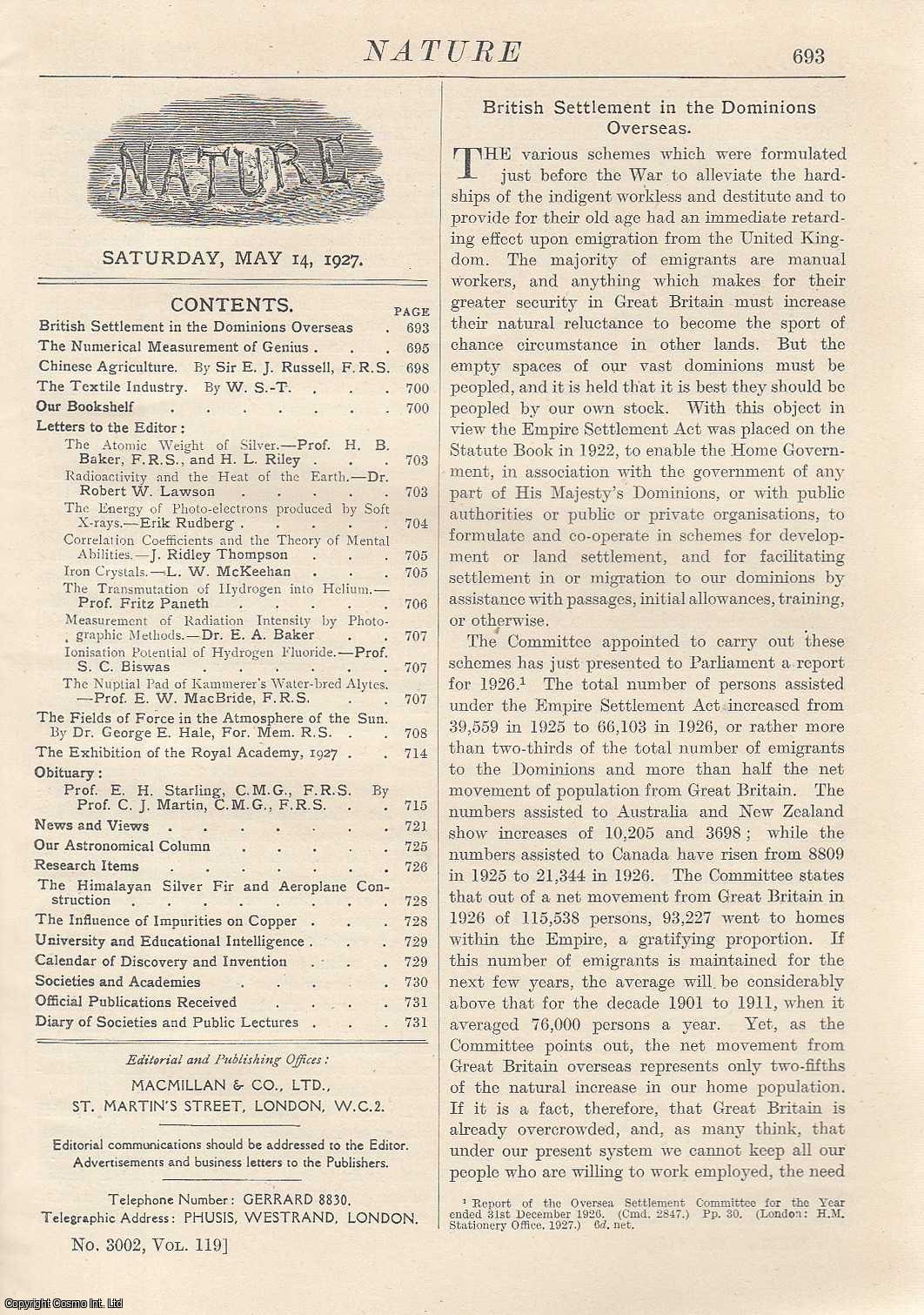 NATURE - Nature, Volume 119, Number 3002. Nature, A Weekly Journal of Science. Saturday, May 14th, 1927.