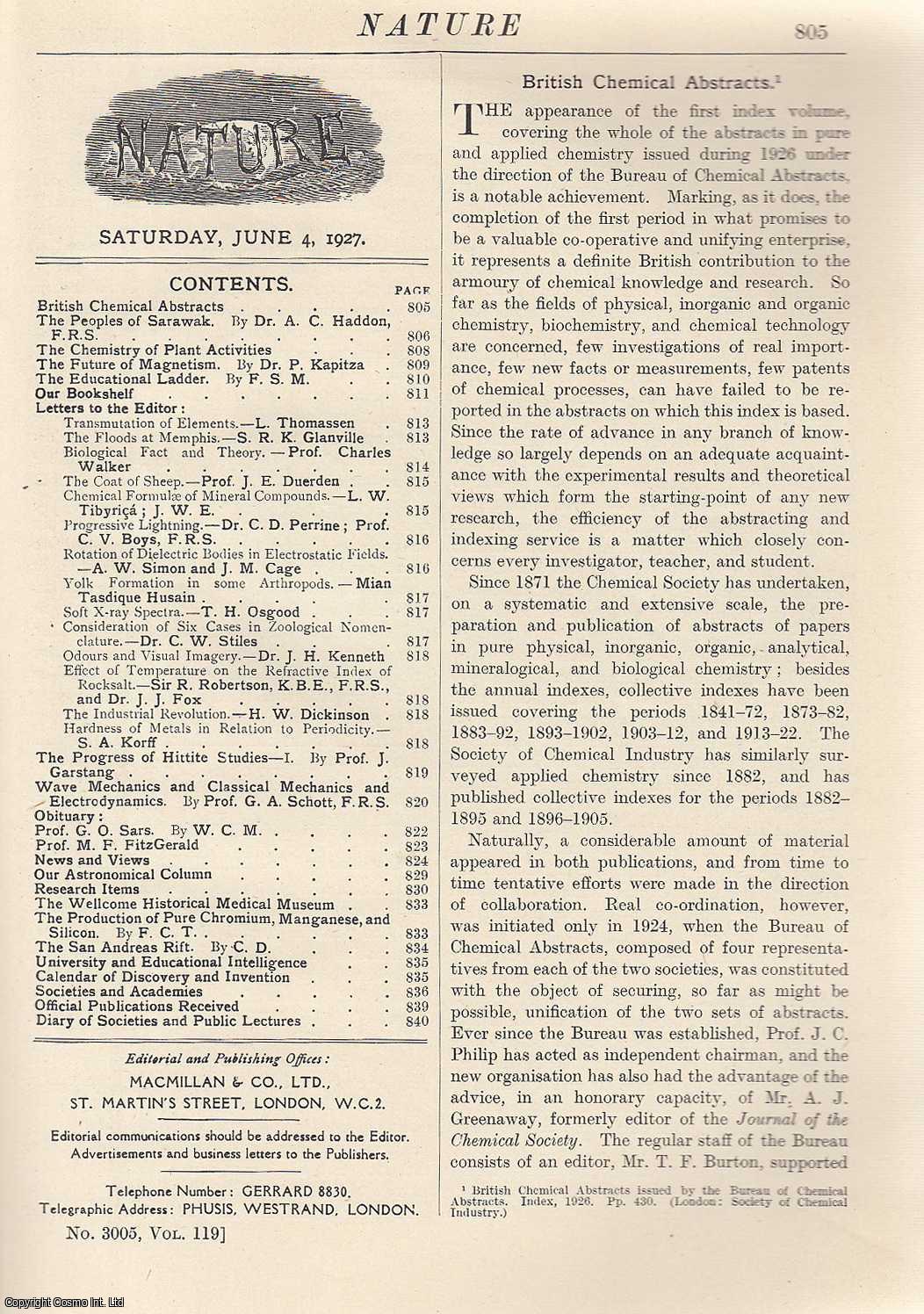 NATURE - Nature, Volume 119, Number 3005. Nature, A Weekly Journal of Science. Saturday, June 4th, 1927.
