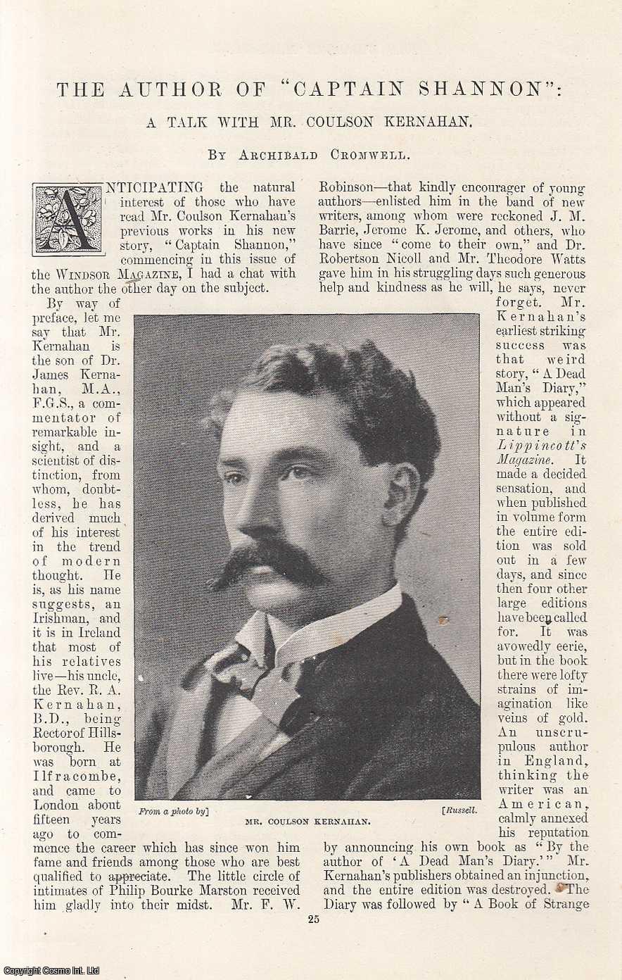 Archibald Cromwell - A Talk with Mr. Coulson Kernahan, English Novelist : The Author of Captain Shannon. An original article from the Windsor Magazine, 1896.