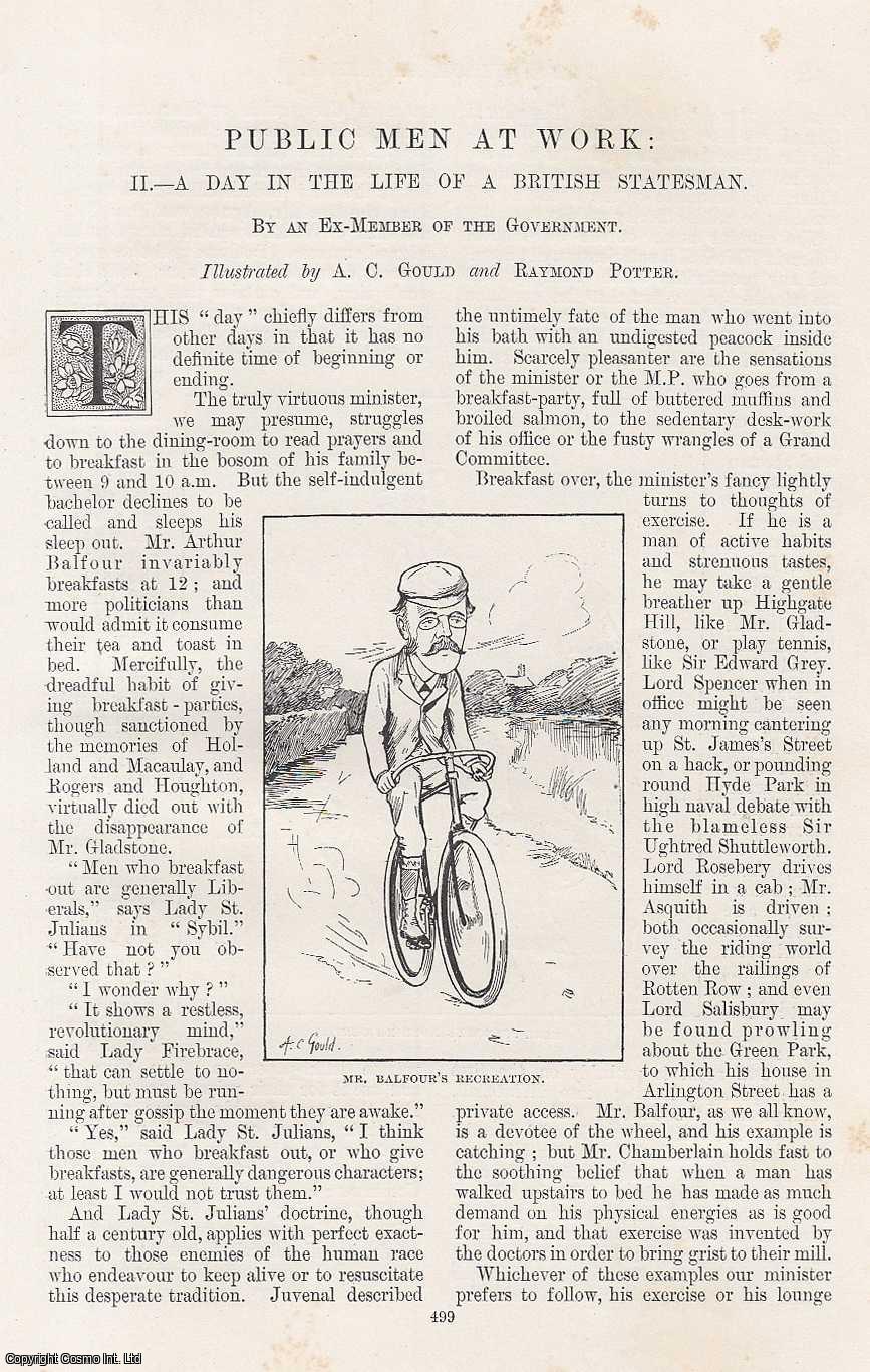 Ex-Member of The Government, illustrated by A.C. Gould & Raymond Potter. - Mr. Arthur Balfour, A Day in The Life of a British Statesman : Public Men at Work. An original article from the Windsor Magazine, 1896.