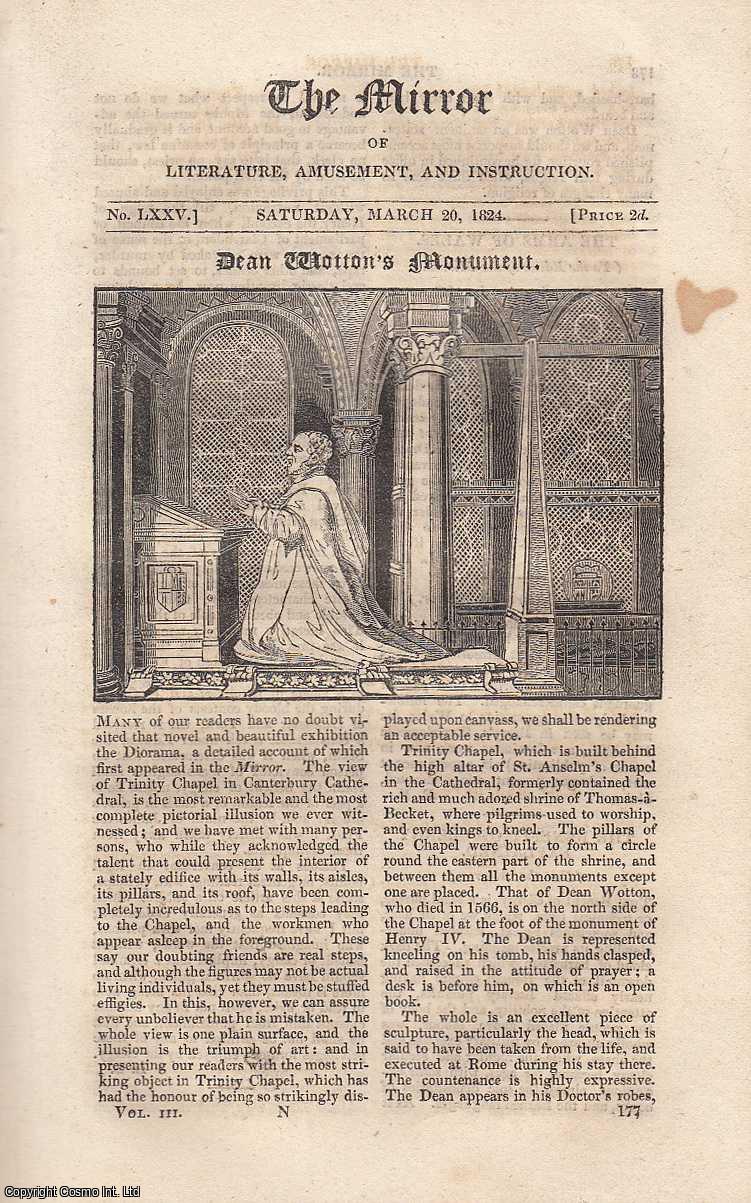 THE MIRROR - Dean Wotton's Monument & The Town Hall, Bath. A complete rare weekly issue of the Mirror of Literature, Amusement, and Instruction, 1824.