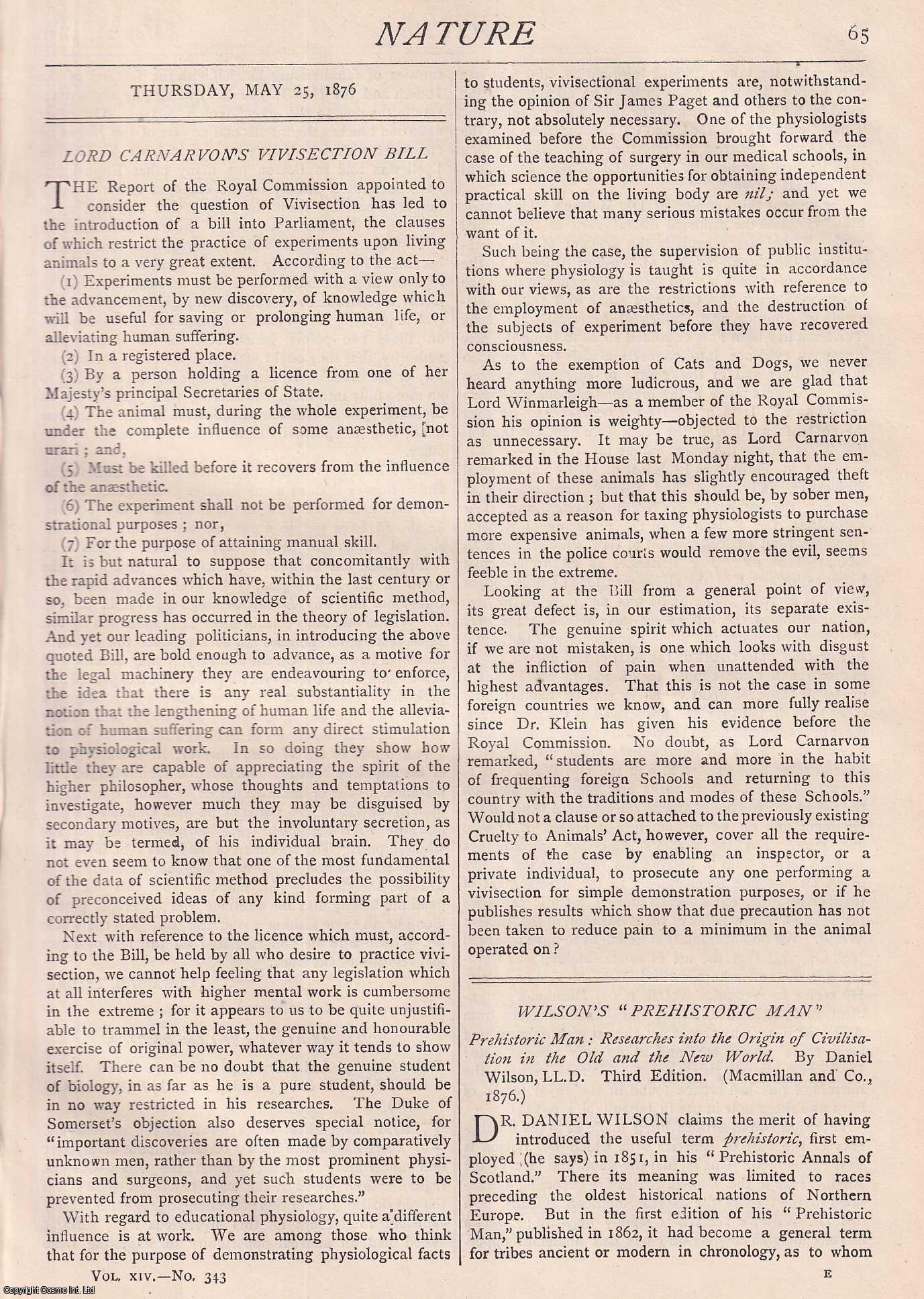 NATURE - Nature, Volume 14, Number 343. Nature. A Weekly Journal of Science. Thursday, May 25th, 1876.