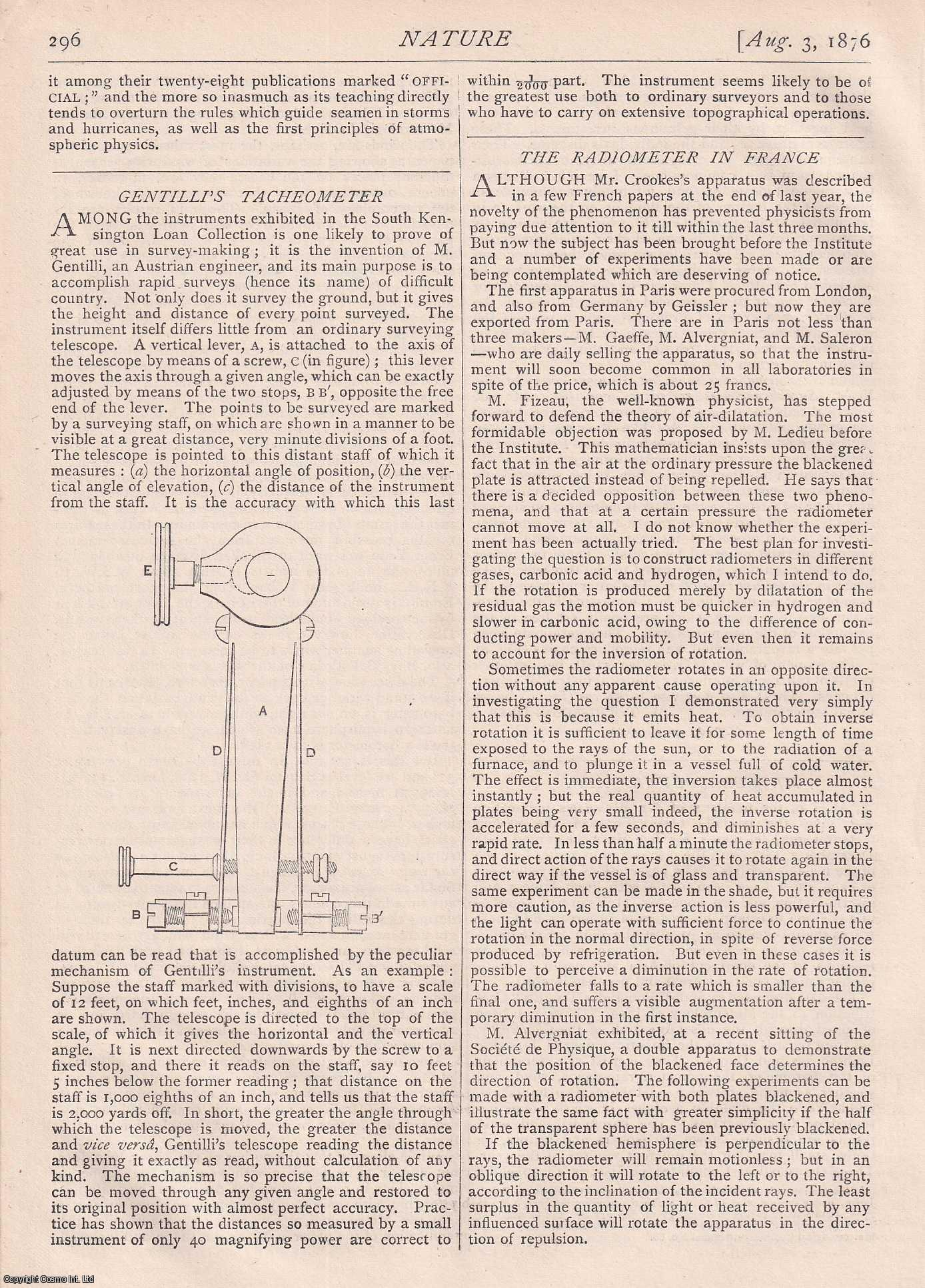 NATURE - The Radiometer in France by W. de Fonvielle, pp296-297 in Nature, Volume 14, Number 353. Nature. A Weekly Journal of Science. Thursday, August 3rd, 1876.