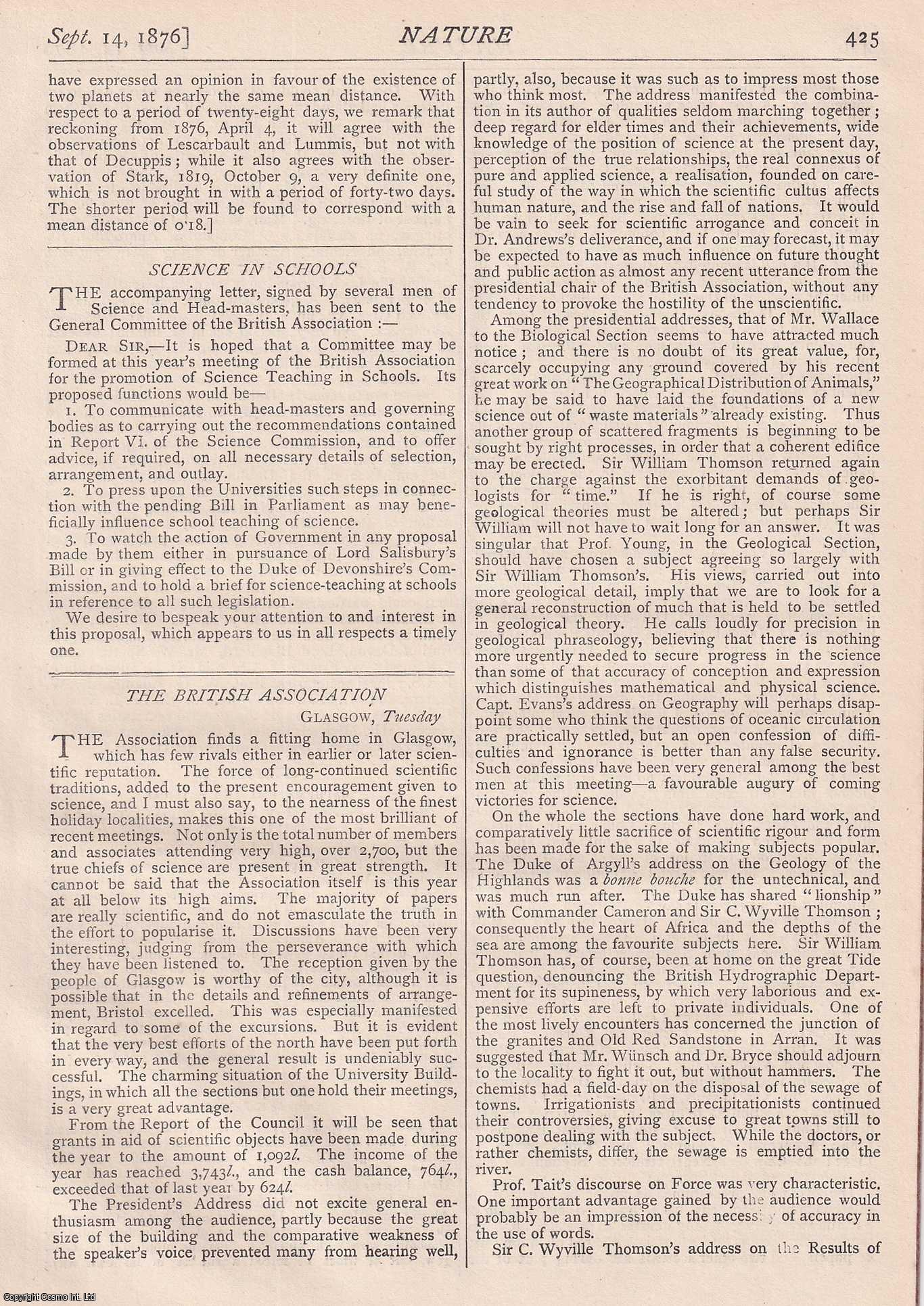 NATURE - Nature, Volume 14, Number 359. Nature. A Weekly Journal of Science. Thursday, September 14th, 1876.