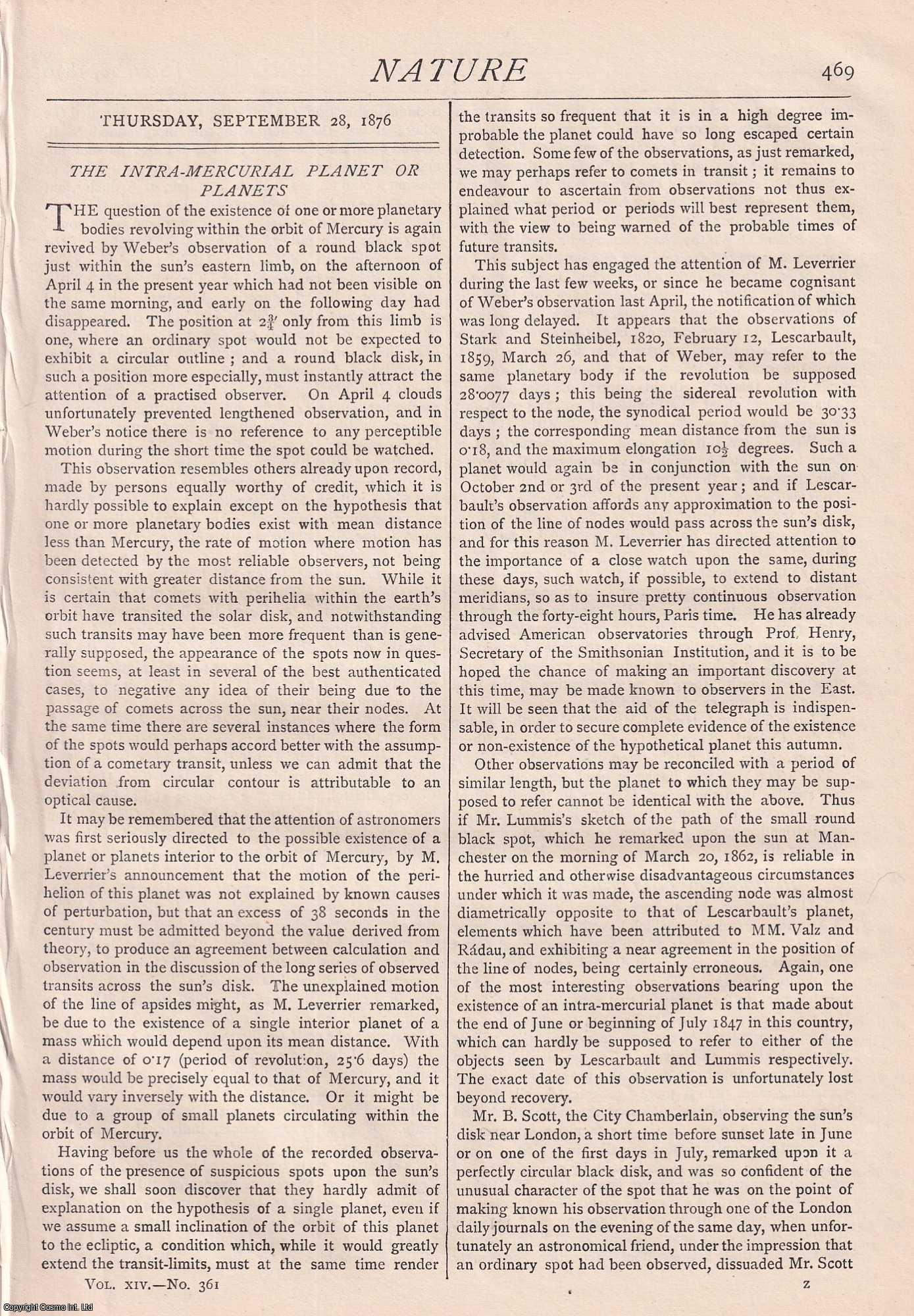 NATURE - Nature, Volume 14, Number 361. Nature. A Weekly Journal of Science. Thursday, September 28th, 1876.