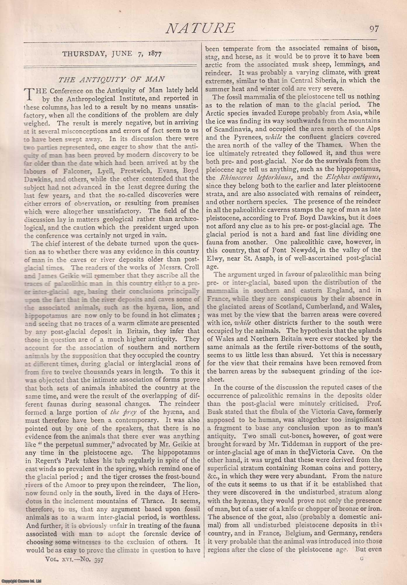 NATURE - Nature, Volume 16, Number 397. Nature. A Weekly Journal of Science. Thursday, June 7th, 1877.