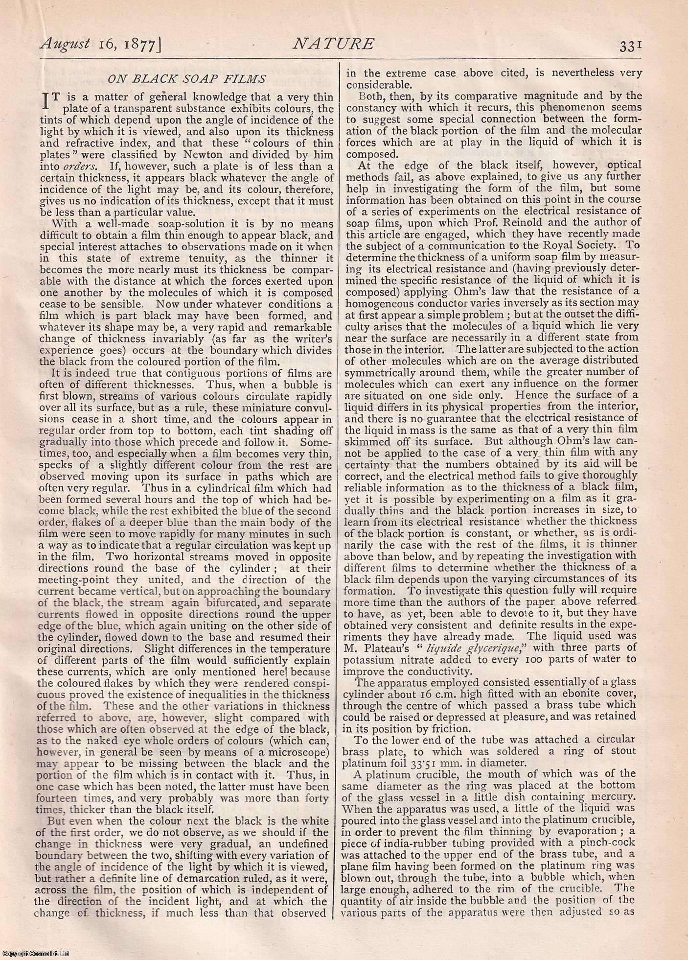 NATURE - Nature, Volume 16, Number 407. Nature. A Weekly Journal of Science. Thursday, August 16th, 1877.