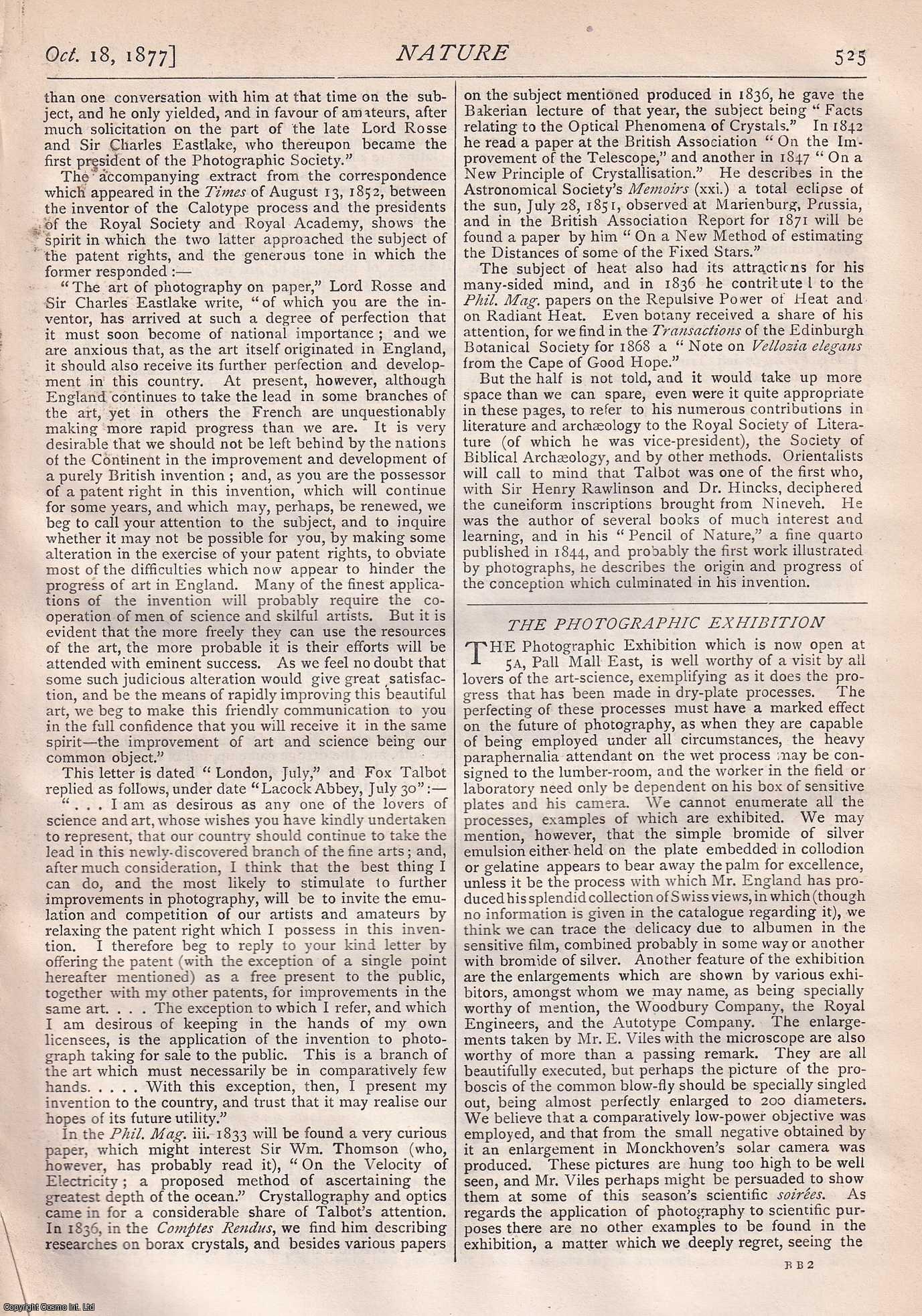 NATURE - Nature, Volume 16, Number 416. Nature. A Weekly Journal of Science. Thursday, October 18th, 1877.