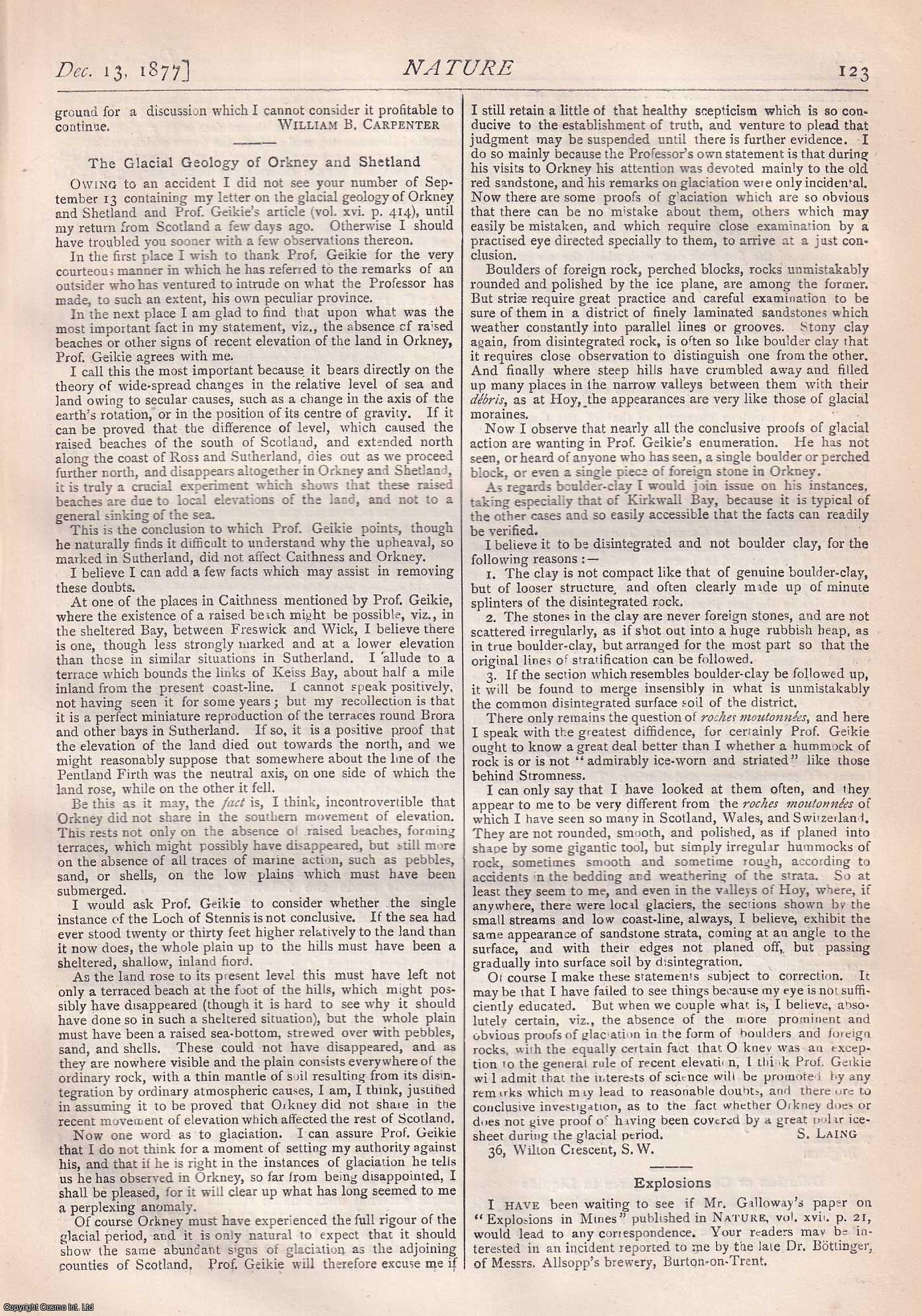 NATURE - The Glacial Geology of Orkney and Shetland, p123 in Nature, Volume 17, Number 424. Nature. A Weekly Journal of Science. Thursday, December 13th, 1877.
