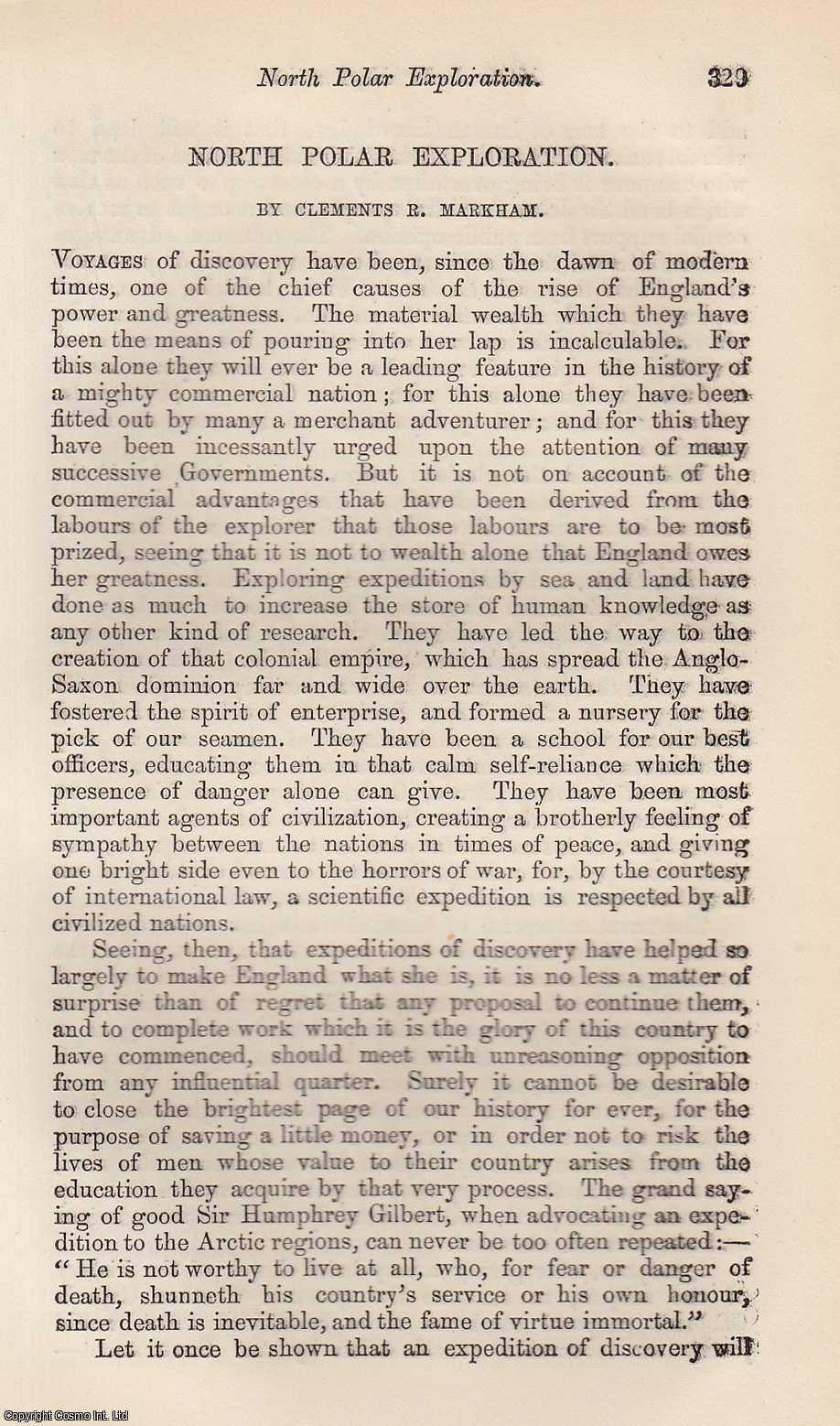 MARKHAM, CLEMENTS R. - North Polar Exploration. A rare original article from the Intellectual Observer, 1865.