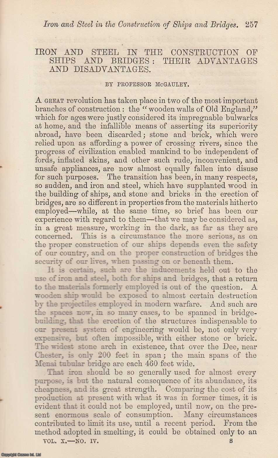 MCGAULEY, PROFESSOR - Iron and Steel in The Construction of Ships and Bridges: Their Advantages and Disadvantages. A rare original article from the Intellectual Observer, 1867.