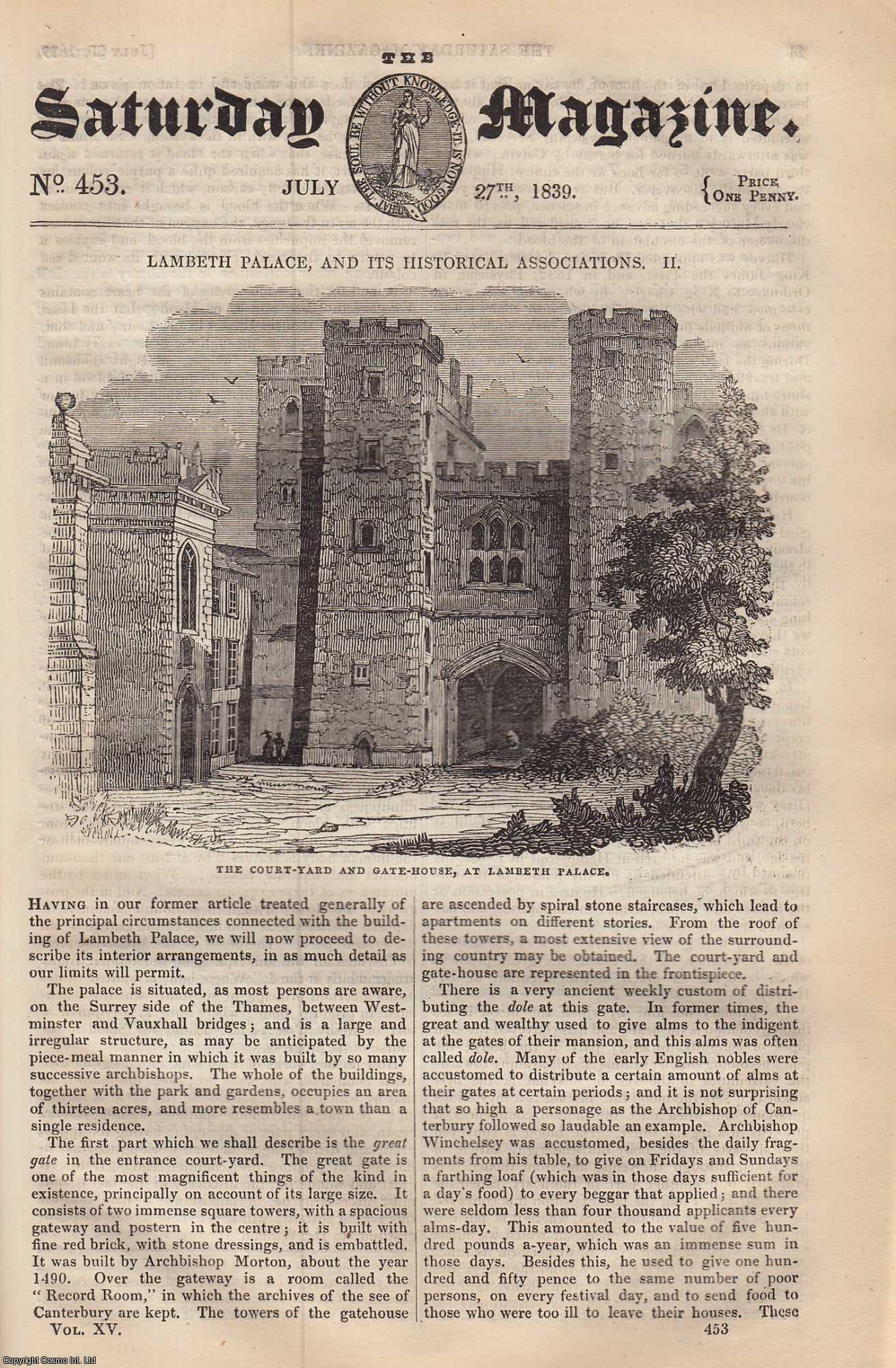 ---. - Lambeth Palace (Part 2), and its Historical Associations; Electricity Electrometers; Kimmeridge Coal-Money, etc. Issue No. 453. July, 1839. A complete rare weekly issue of the Saturday Magazine, 1839.