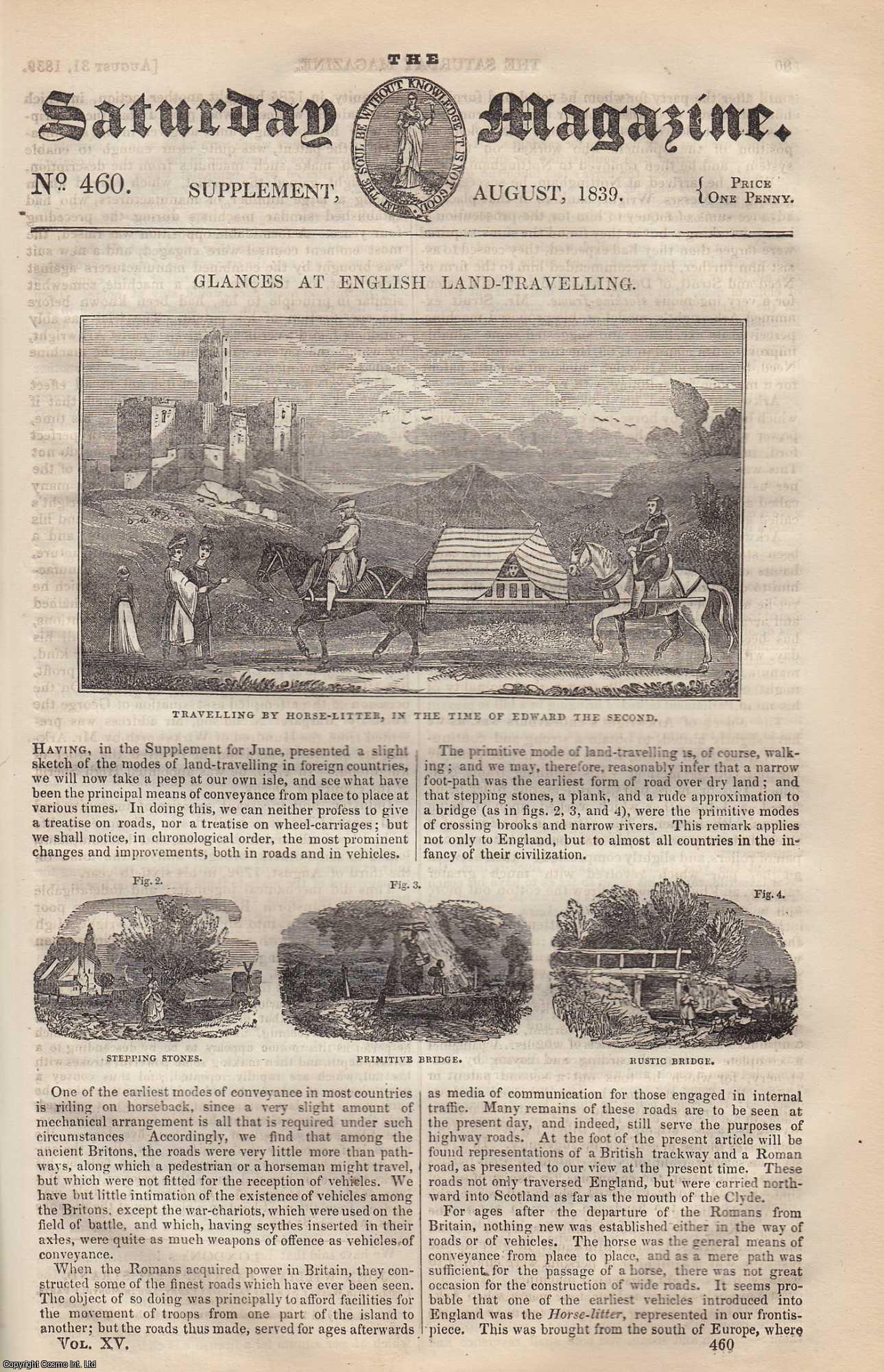---. - Glances at English Land-Traveling, Mail-Coach, Cabriolet, Britzschka, etc. Issue No. 460. August, 1839. A complete rare weekly issue of the Saturday Magazine, 1839.