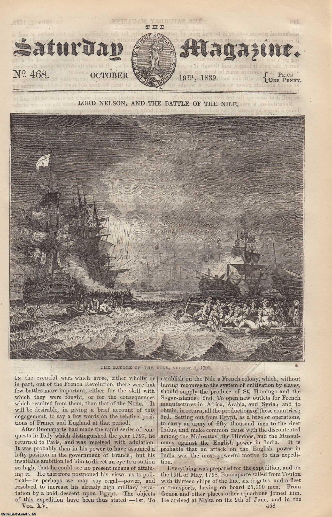 ---. - Lord Nelson, and The Battle of The Nile; The Religious Labours of Archbishop Cranmer; What is Almanac; Effects of Infidelity on Character and Conduct, etc. Issue No. 468. October, 1839. A complete rare weekly issue of the Saturday Magazine, 1839.