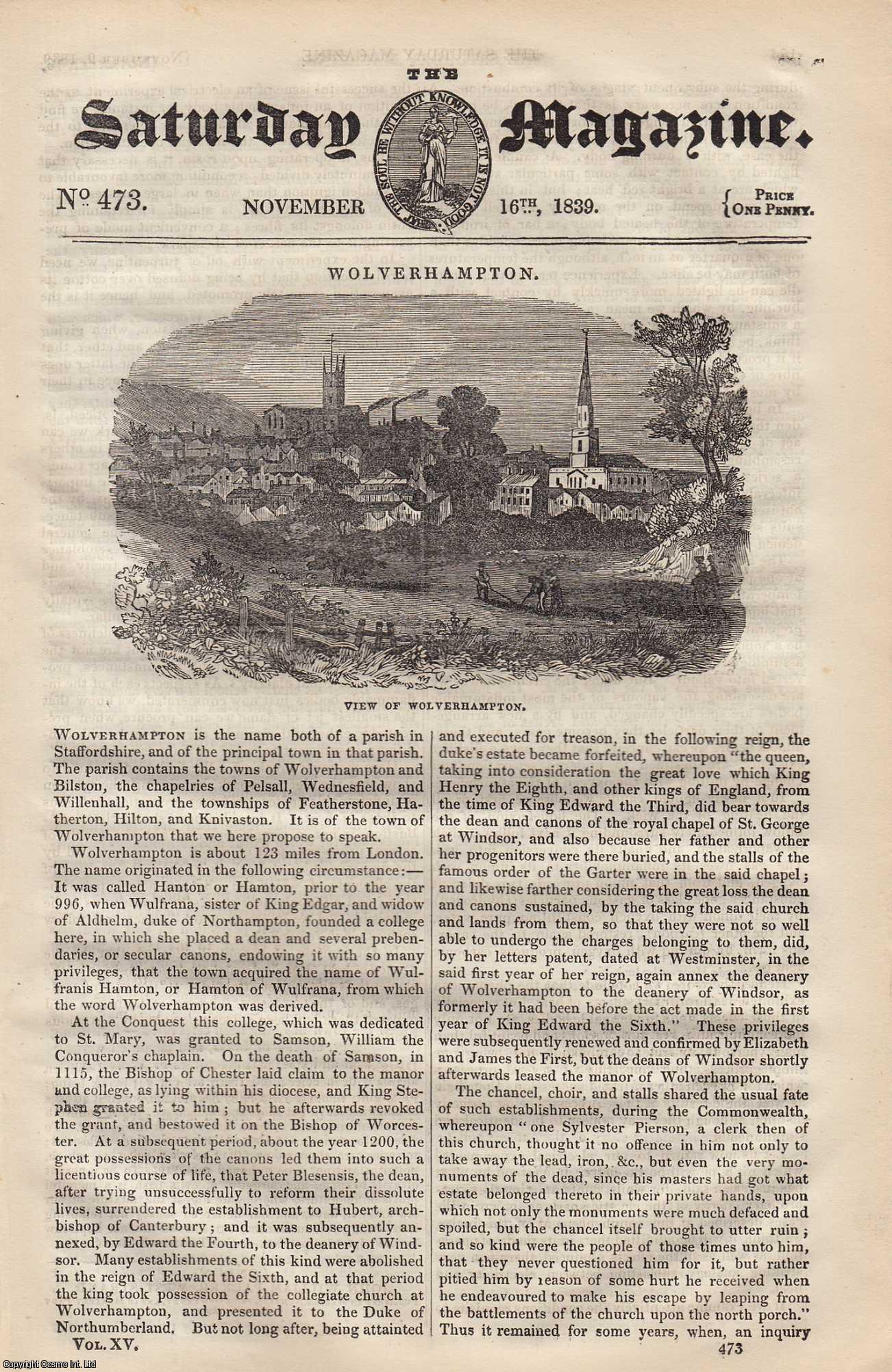 ---. - Wolverhampton; Restoration of Israel; Bays and Harbours in New Zealand, etc. Issue No. 473. November, 1839. A complete rare weekly issue of the Saturday Magazine, 1839.