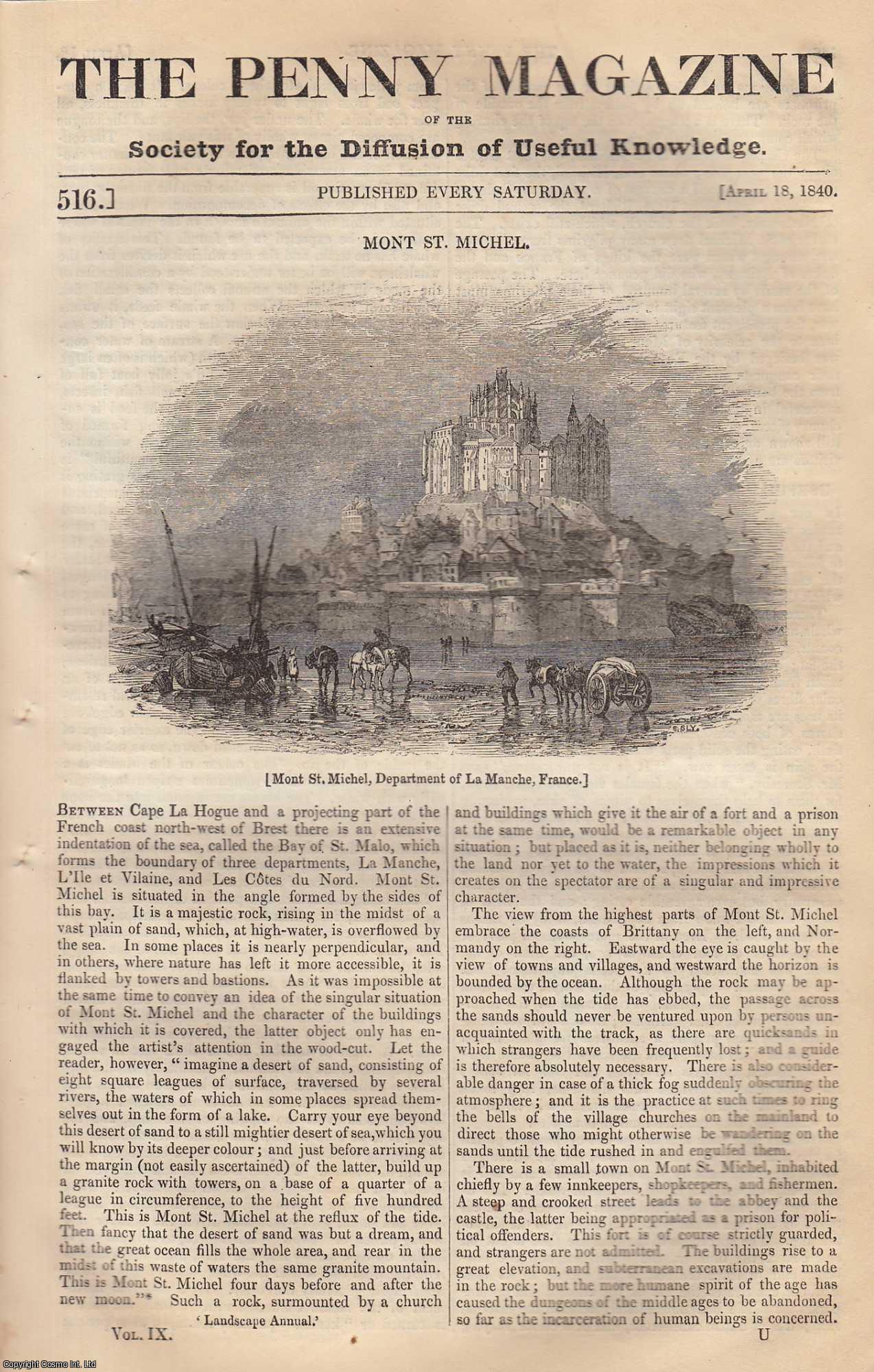 Penny Magazine - Mont St. Michel; Useful Products of The Whale (Part 1); The Newcastle Improvements (Part 3); Account of an Extraordinary Mummy Found in Auvergne. Issue No. 516, April 18th, 1840. A complete original weekly issue of the Penny Magazine, 1840.