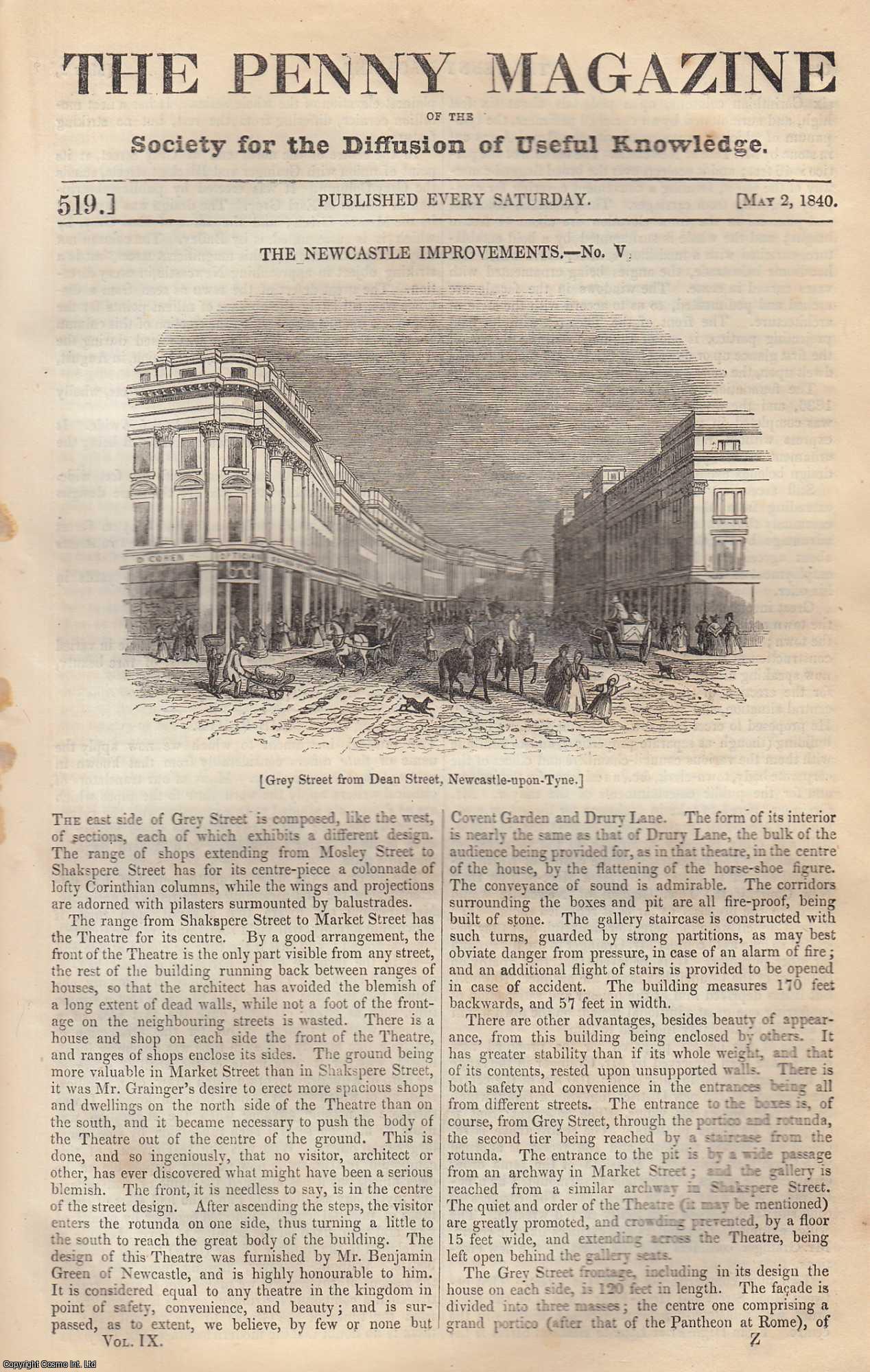 --- - The Newcastle Improvements (Part 5); The Flute (Instrument); Horse Armoury in The Tower (Part 6); External Stimulants (Part 1). Issue No. 519, May 2nd, 1840. A complete rare weekly issue of the Penny Magazine, 1840.