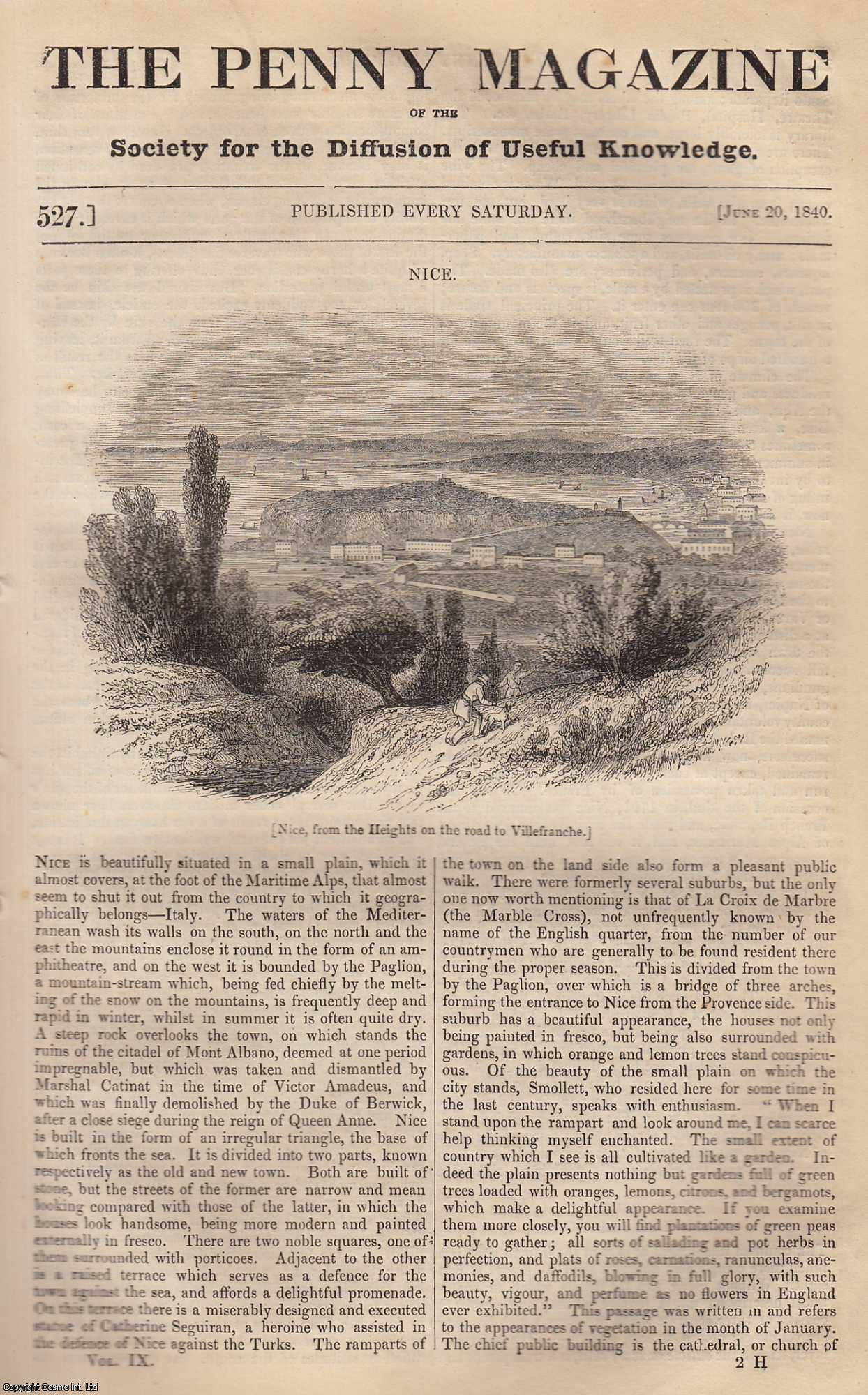 --- - Nice (Maritime Alps); The Albino; Burghley House, Northamptonshire (Part 1); The North American Elk. Issue No. 527, June 20th, 1840. A complete rare weekly issue of the Penny Magazine, 1840.