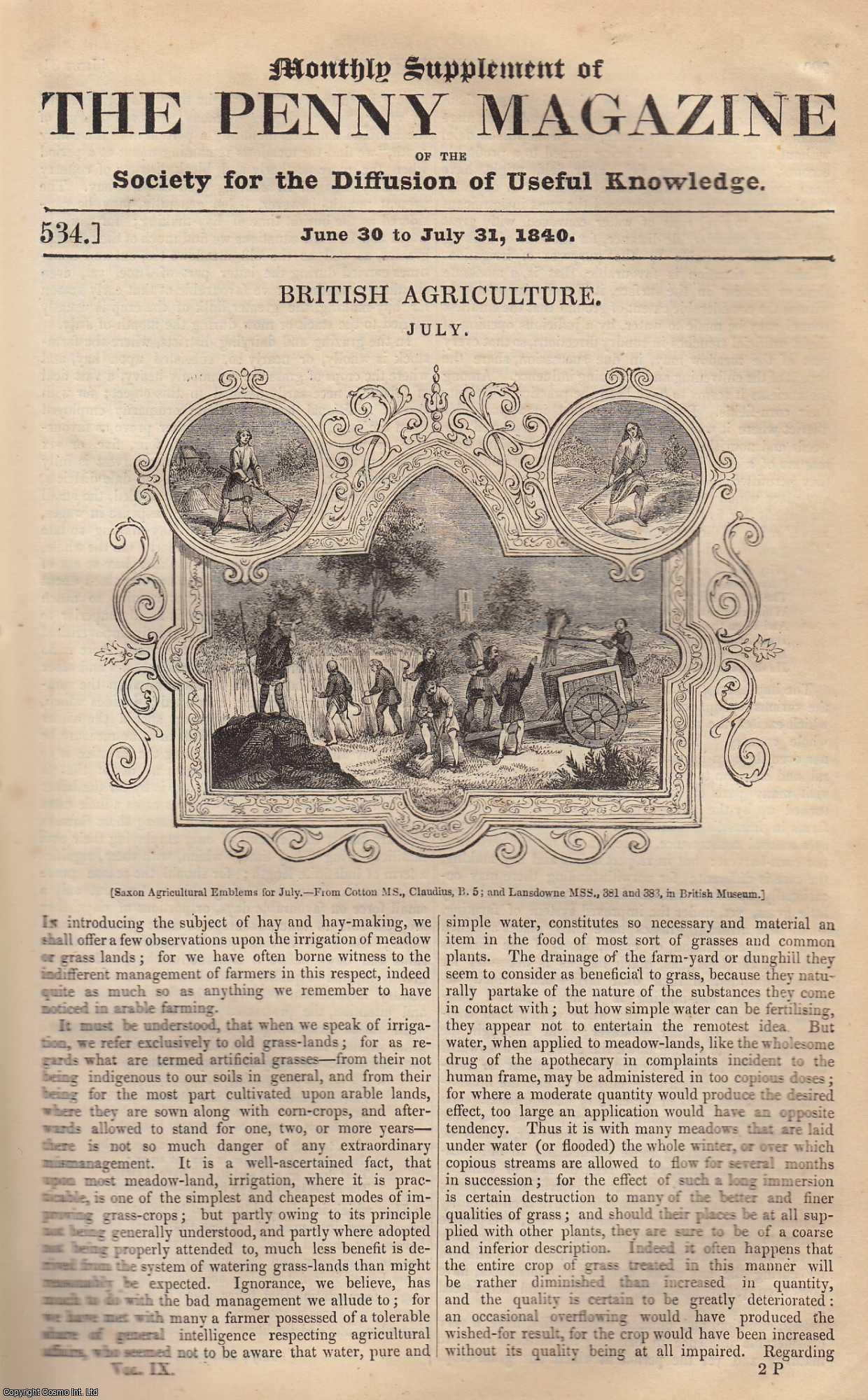 --- - British Agriculture (July). Issue No. 534, June 30th, 1840. A complete rare weekly issue of the Penny Magazine, 1840.