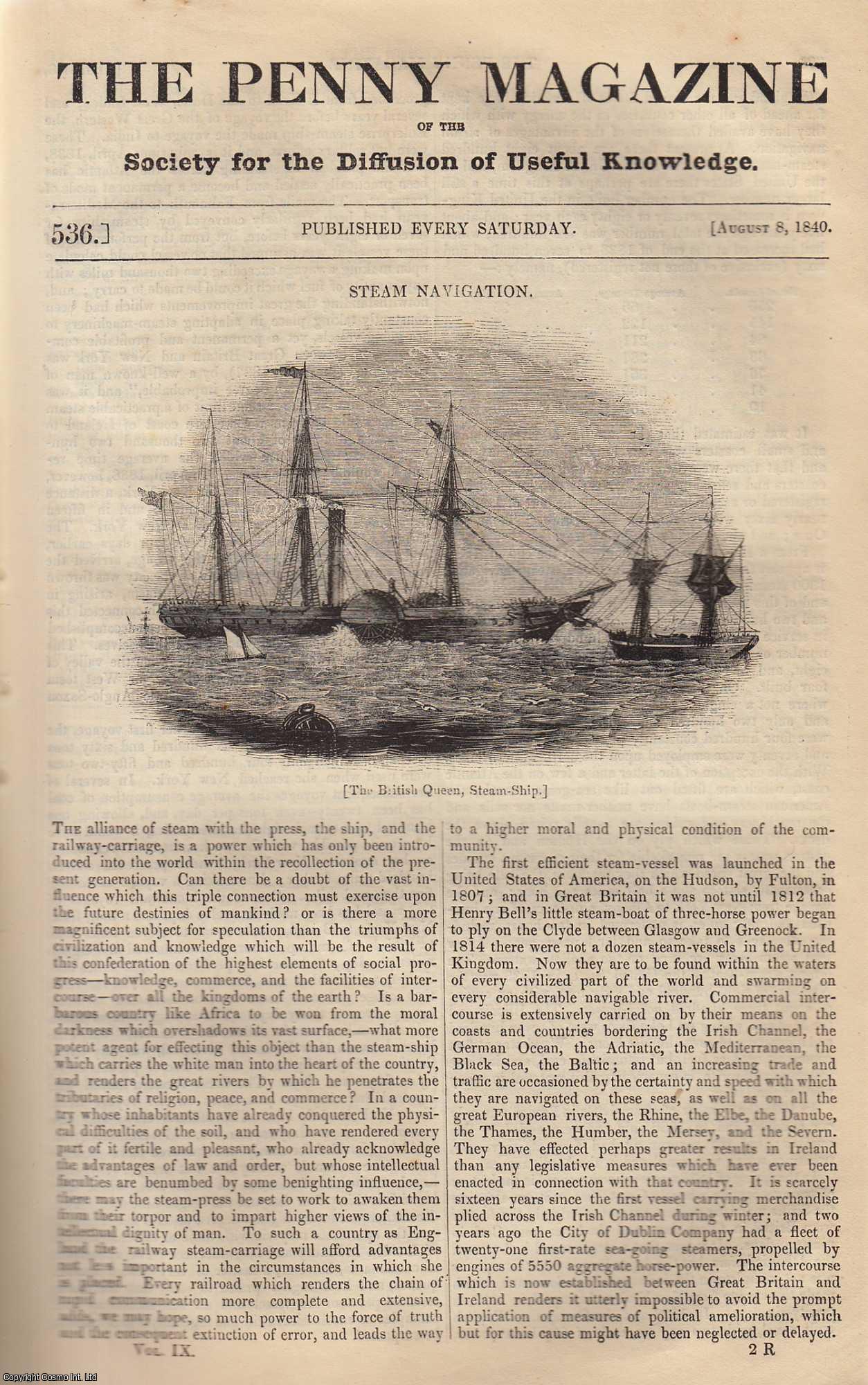--- - Steam Navigation; Druidical Remains (Part 2); Coasts of Quang-Tong and Fo-Kien. Issue No. 536, August 8th, 1840. A complete rare weekly issue of the Penny Magazine, 1840.
