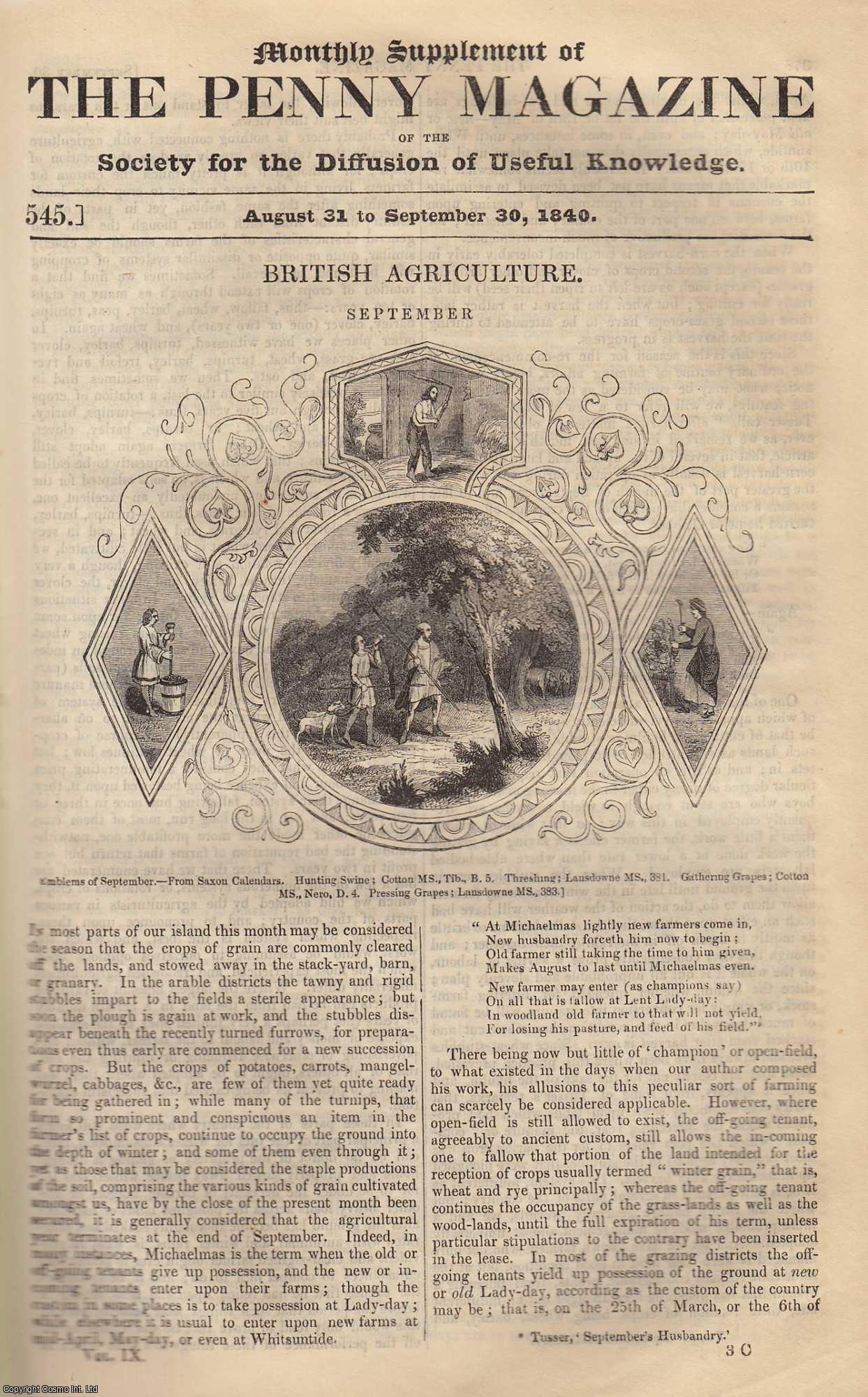 --- - British Agriculture (September). Issue No. 545, September 30th, 1840. A complete rare weekly issue of the Penny Magazine, 1840.