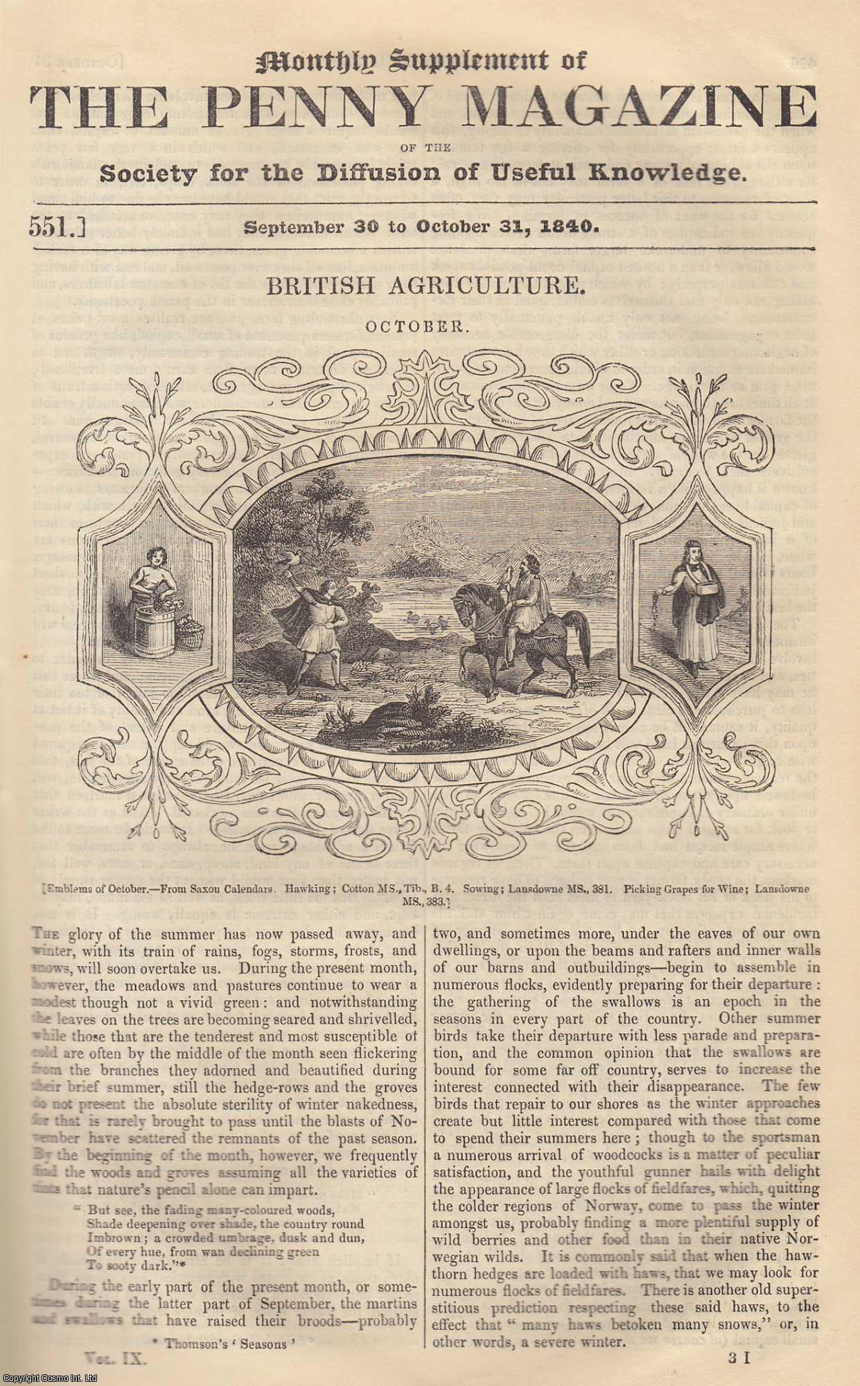 Penny Magazine - British Agriculture in October. Issue No. 551, 1840. A complete original weekly issue of the Penny Magazine, 1840.