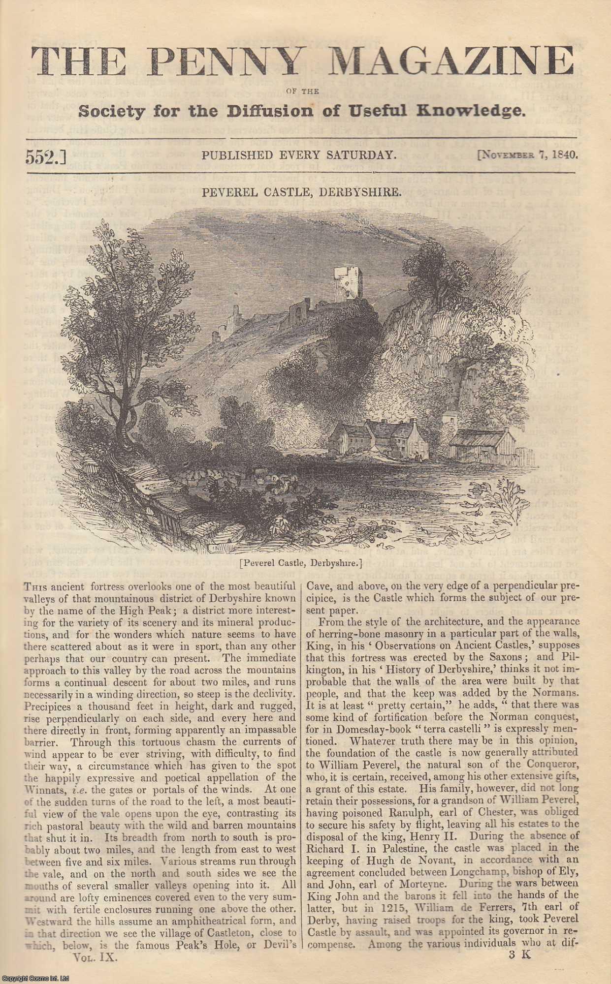 --- - Peverel Castle, Derbyshire; Vittorio Alfieri; Queen Anne's Farthings; Customs and Superstitions Among The Esthonians; Sugar (Domestic Chemistry). Issue No. 552, November 7th, 1840. A complete rare weekly issue of the Penny Magazine, 1840.