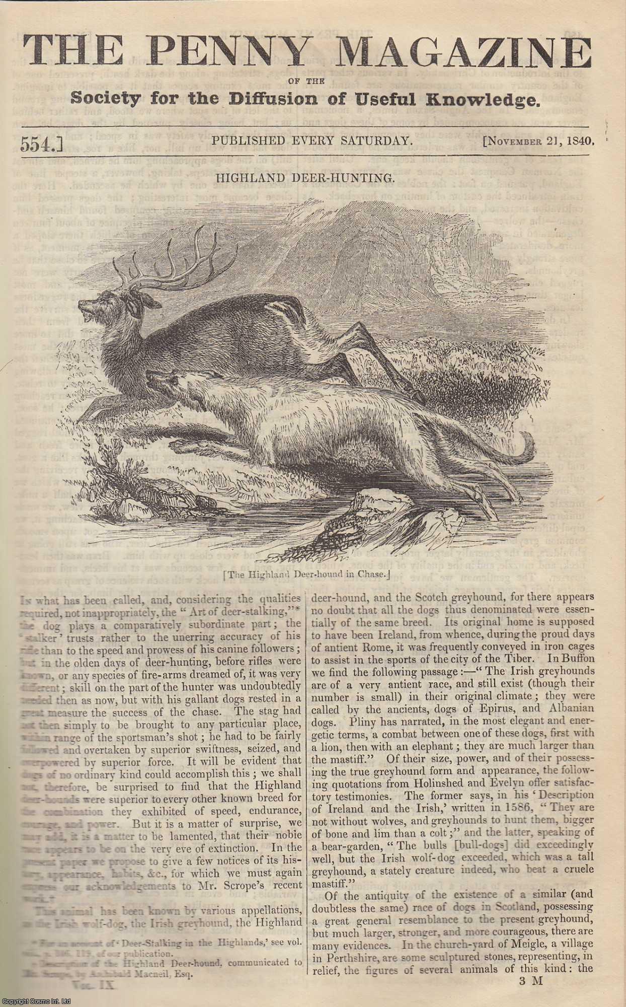 Penny Magazine - Highland Deer-Hunting; Starch (Domestic Chemistry); Hexham; Land-Surveying; Guy's Cliff (Situated on The Road From Warwick to Coventry) (Part 2). Issue No. 554, November 21st, 1840. A complete original weekly issue of the Penny Magazine, 1840.